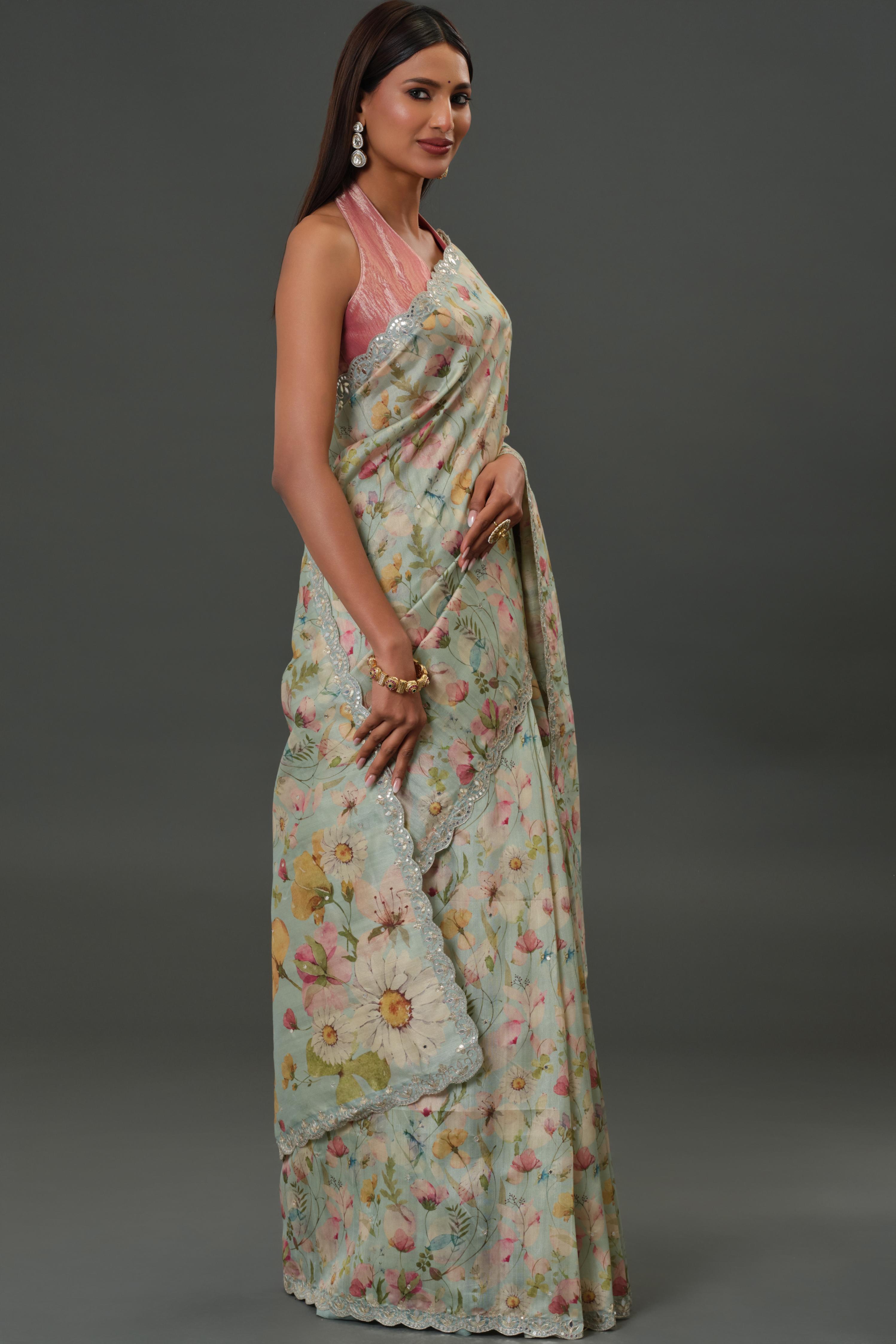 Blue Mist Floral Printed Tussar Silk Saree