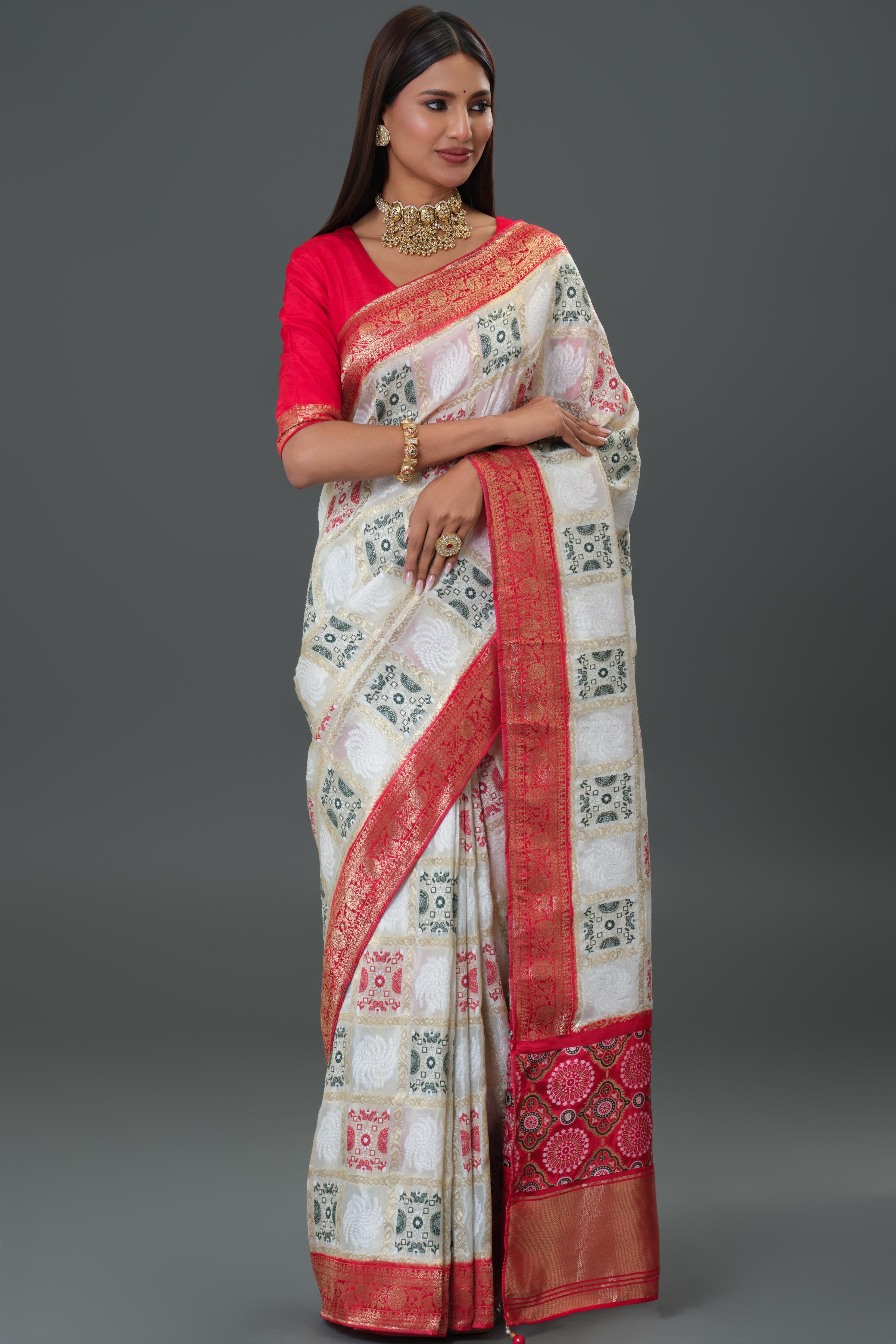 White Woven Cosmo Silk Saree