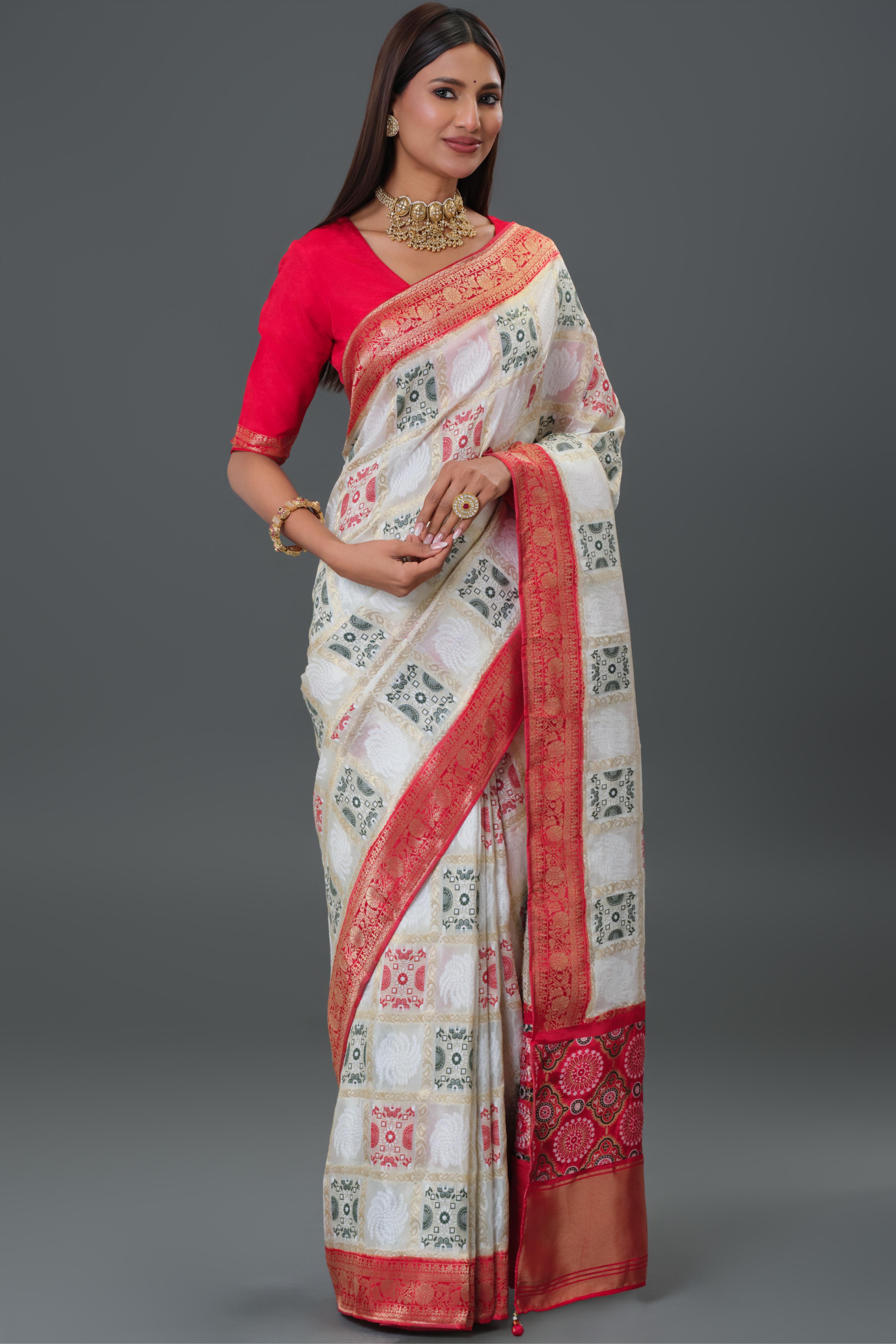 White Woven Cosmo Silk Saree