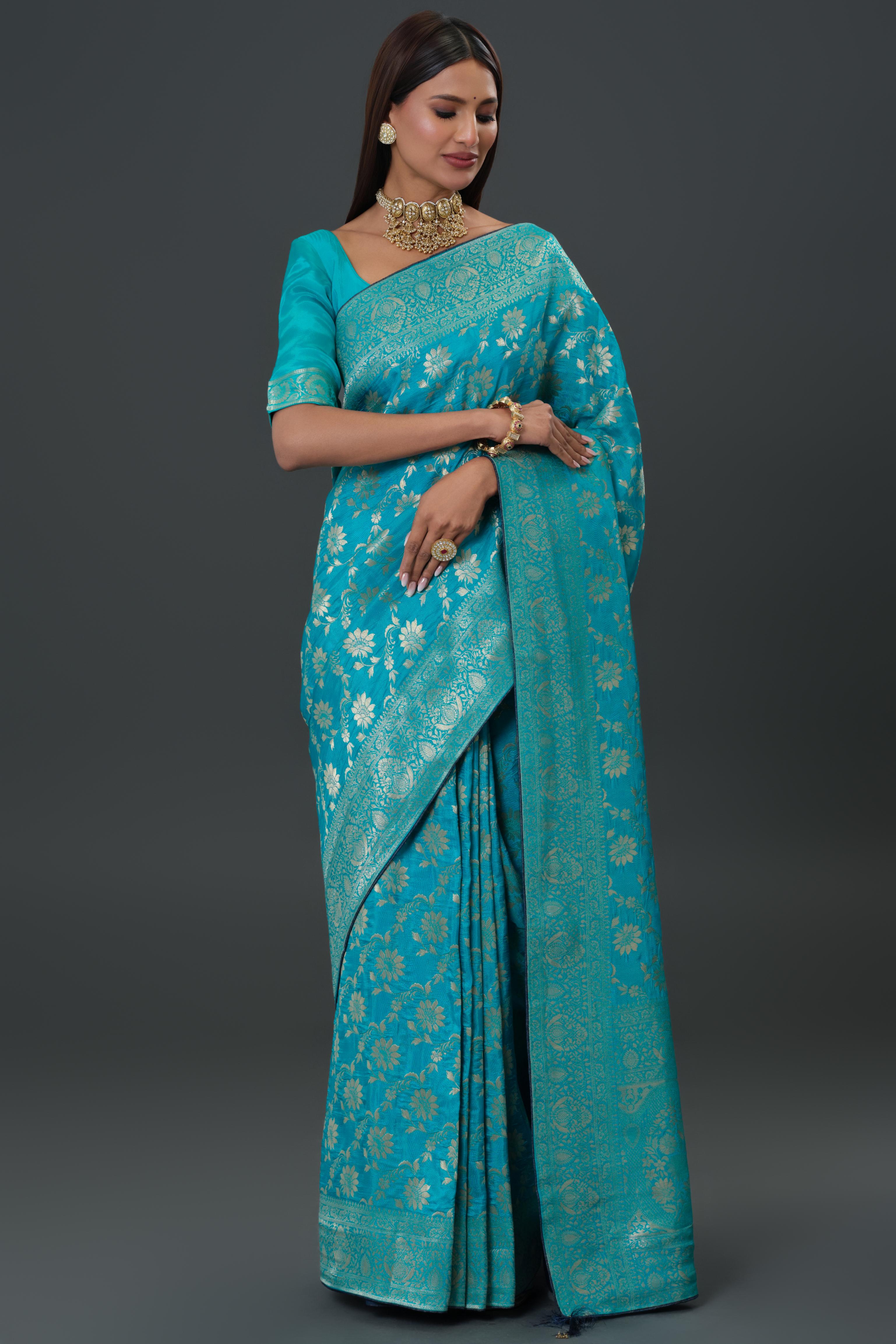 Turquoise Zari Woven Dola Silk Saree