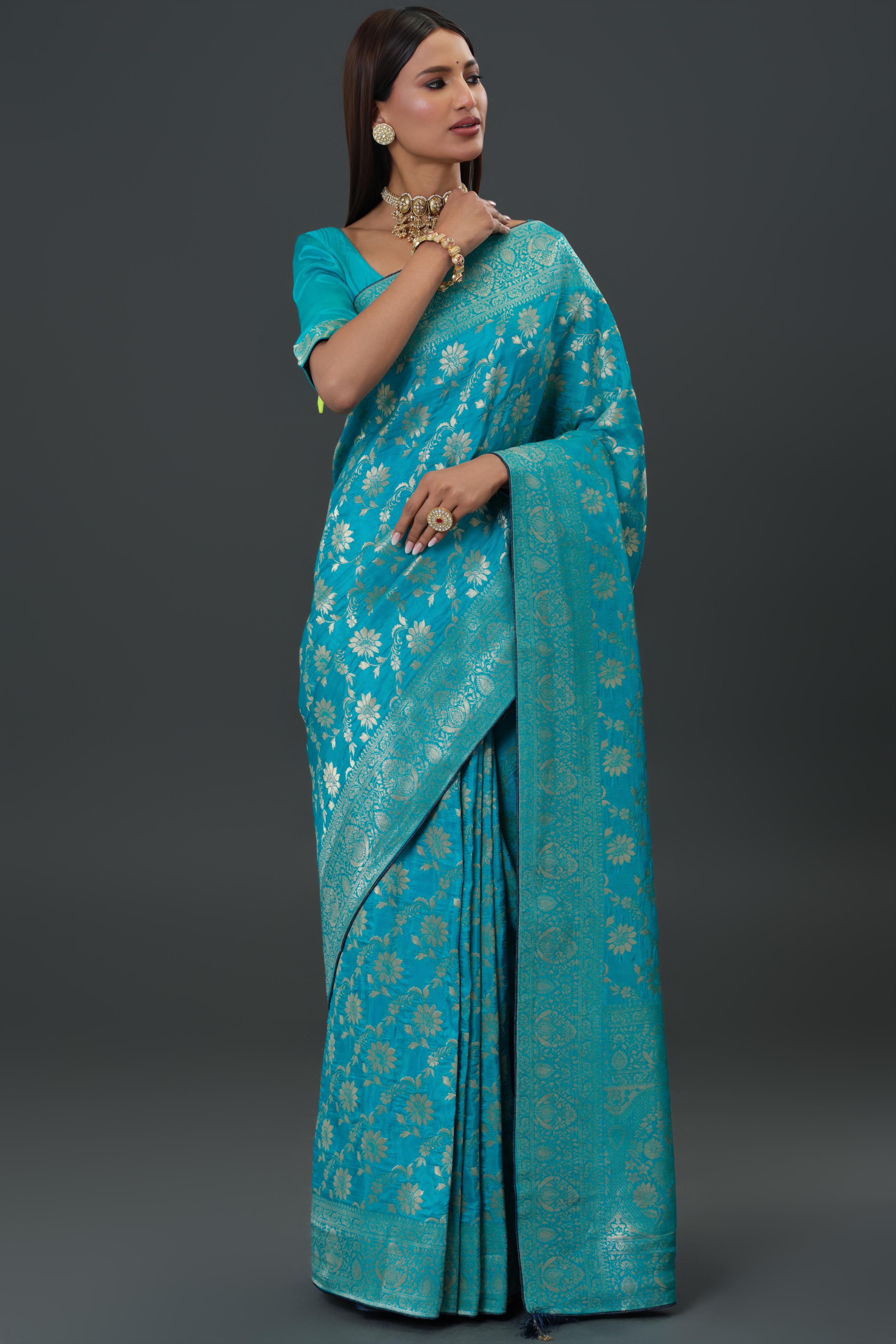 Turquoise Zari Woven Dola Silk Saree