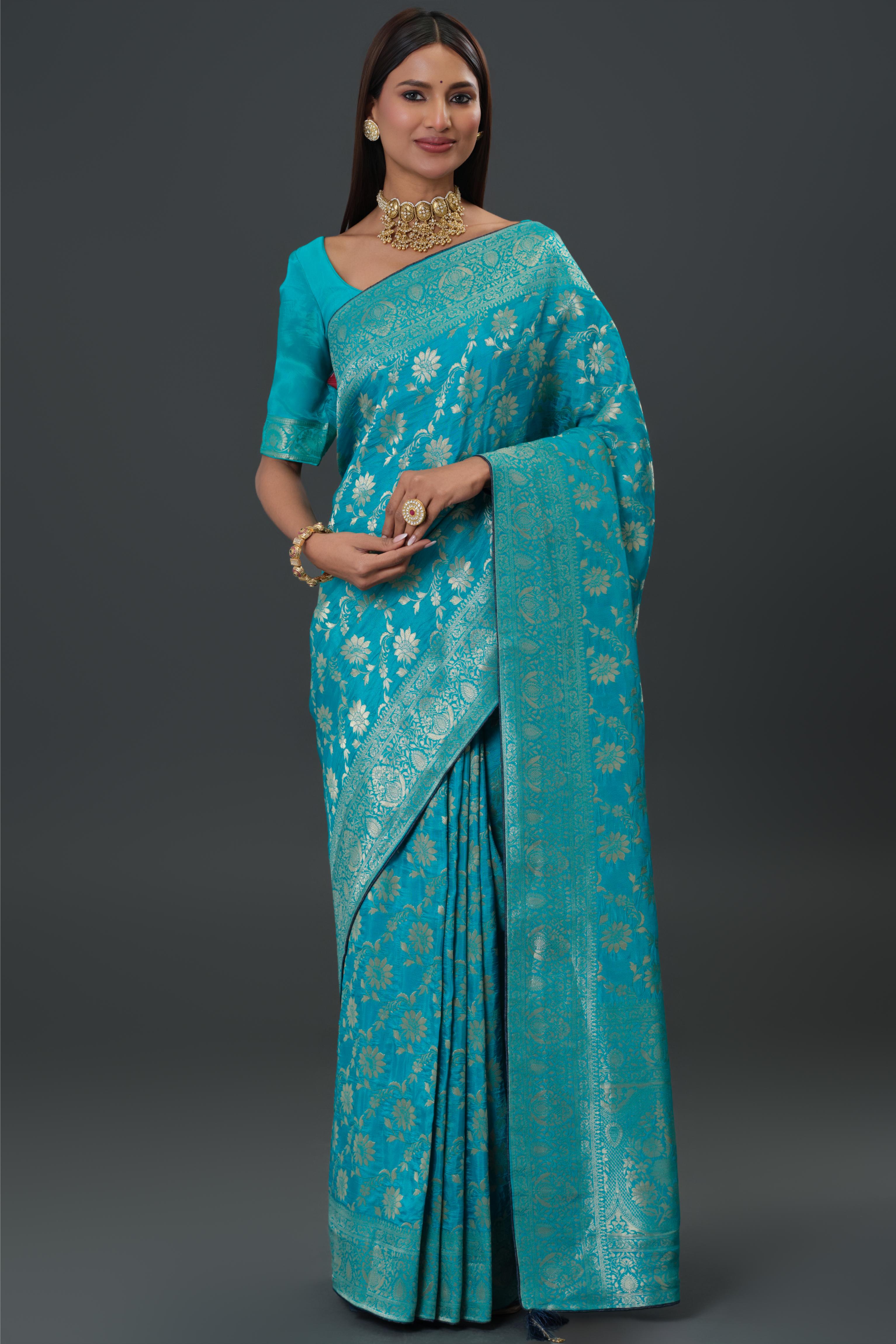 Turquoise Zari Woven Dola Silk Saree