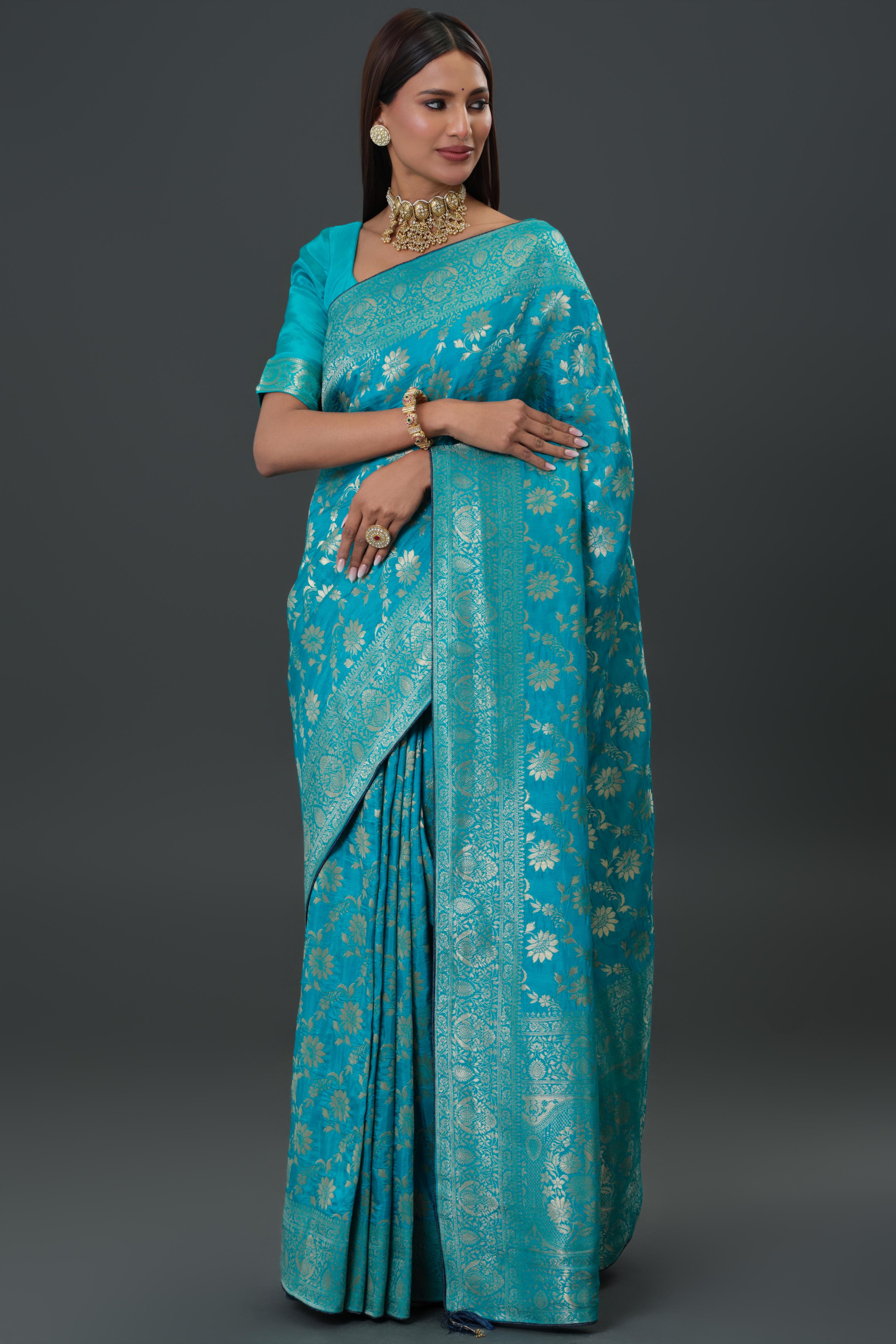Turquoise Zari Woven Dola Silk Saree