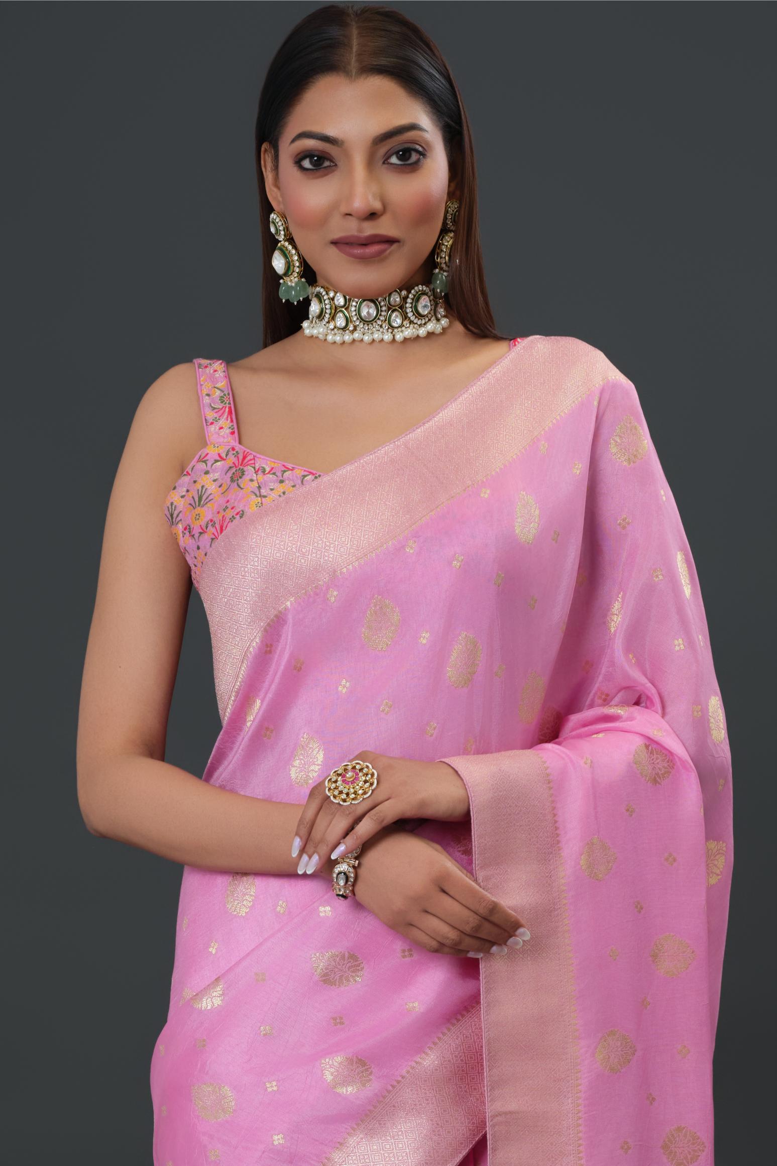 Pink Embroidered Dola Silk Saree