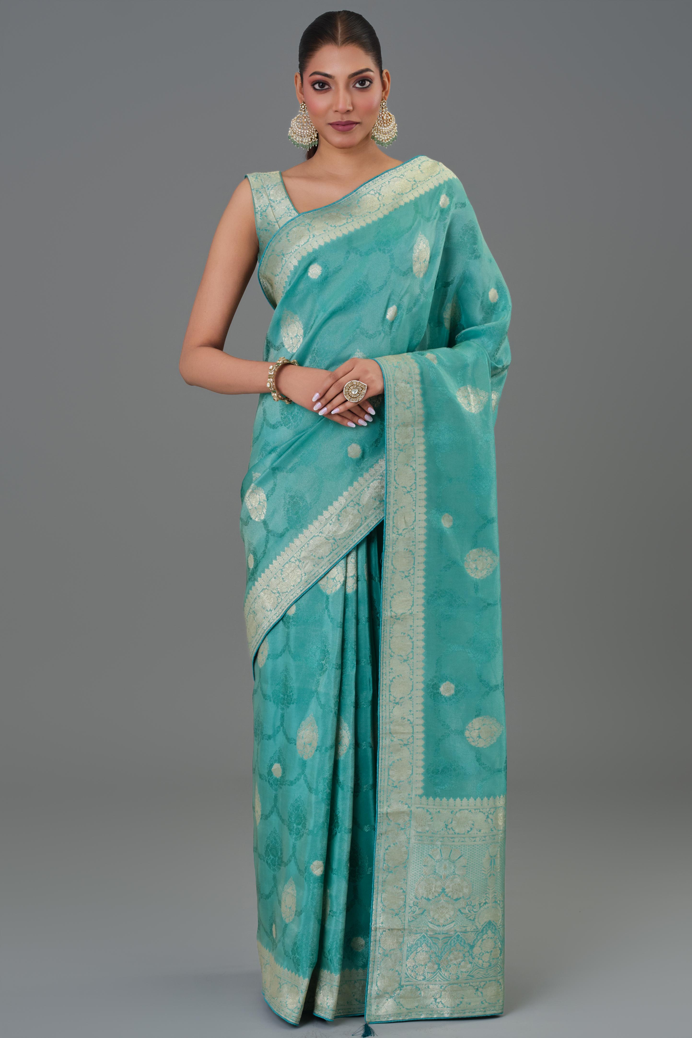 Teal Green Embroidered Dola Silk Saree