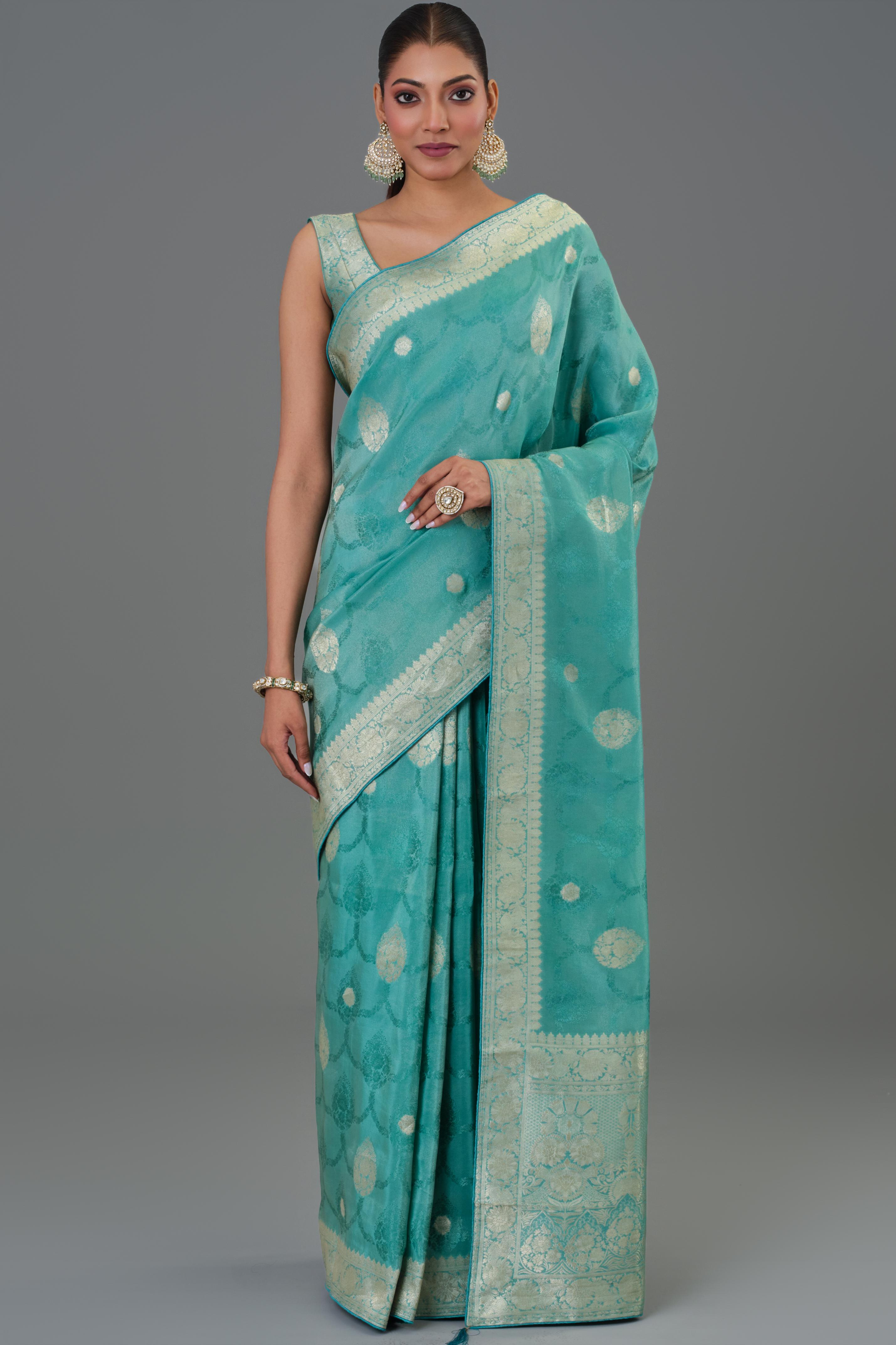 Teal Green Embroidered Dola Silk Saree