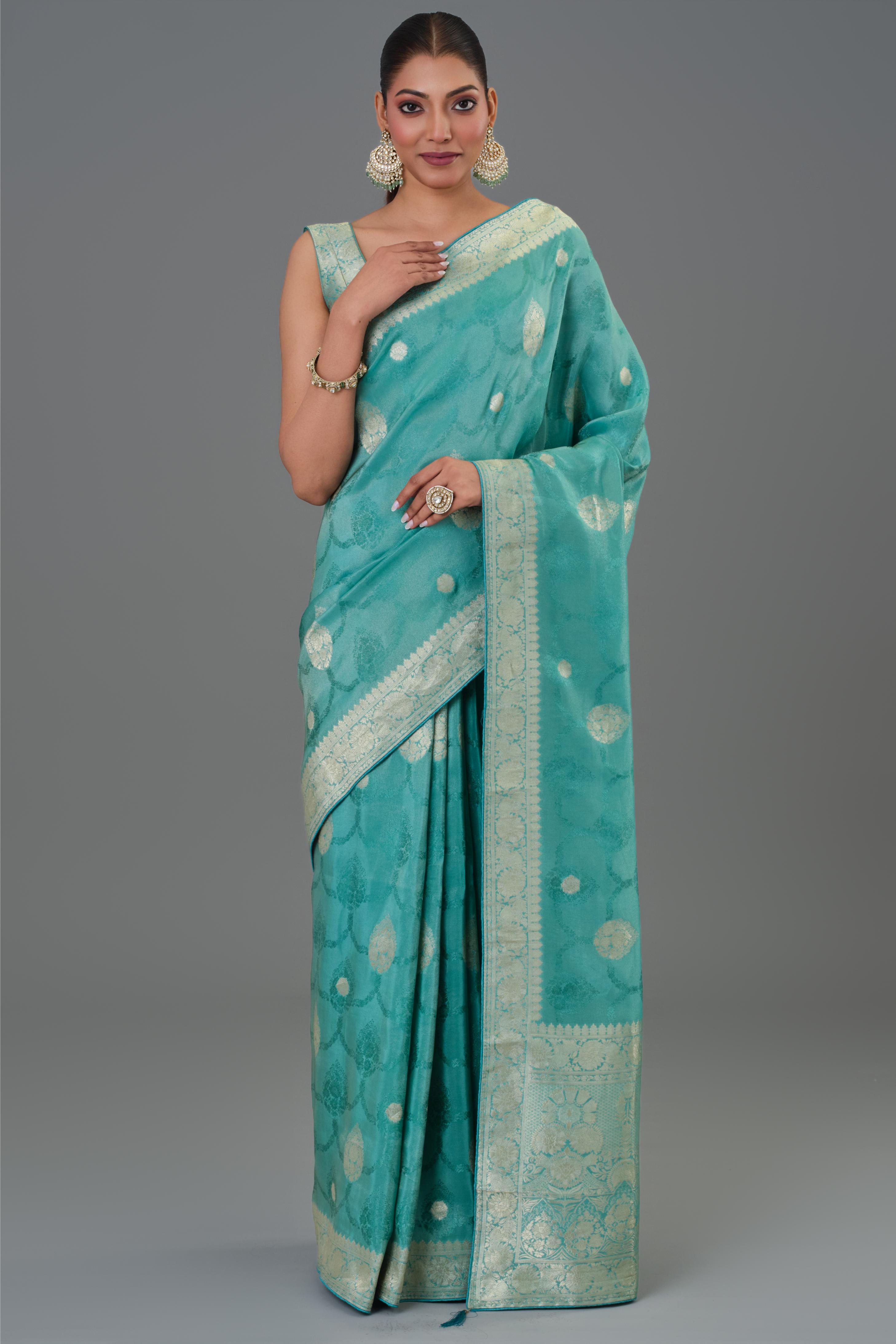 Teal Green Embroidered Dola Silk Saree