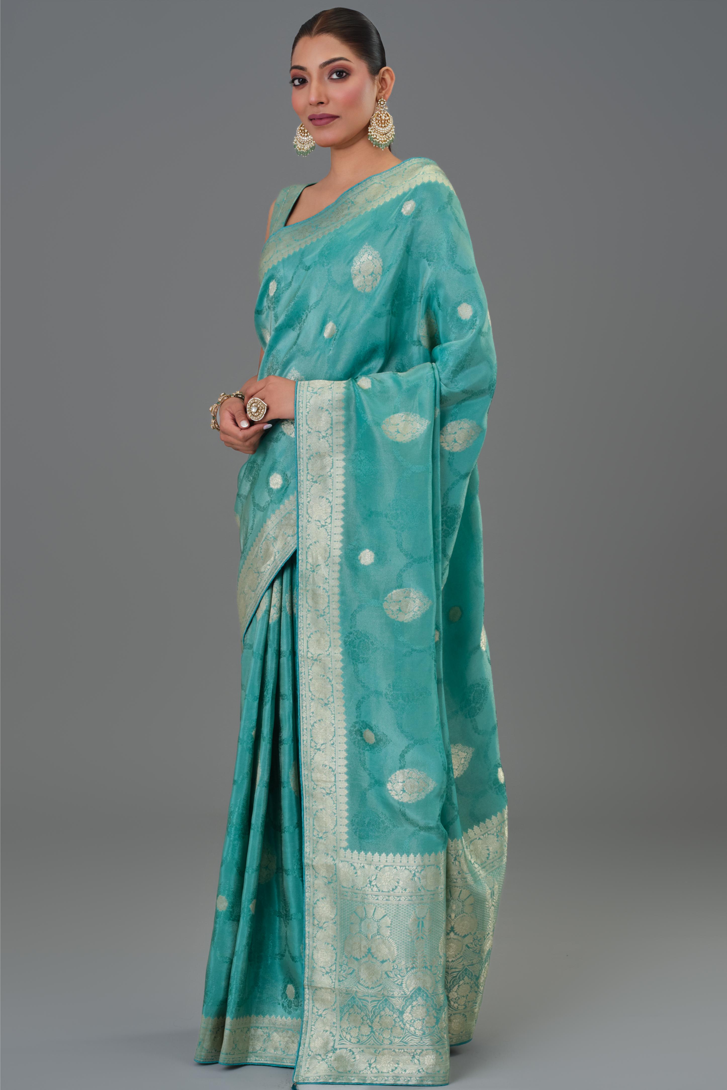 Teal Green Embroidered Dola Silk Saree