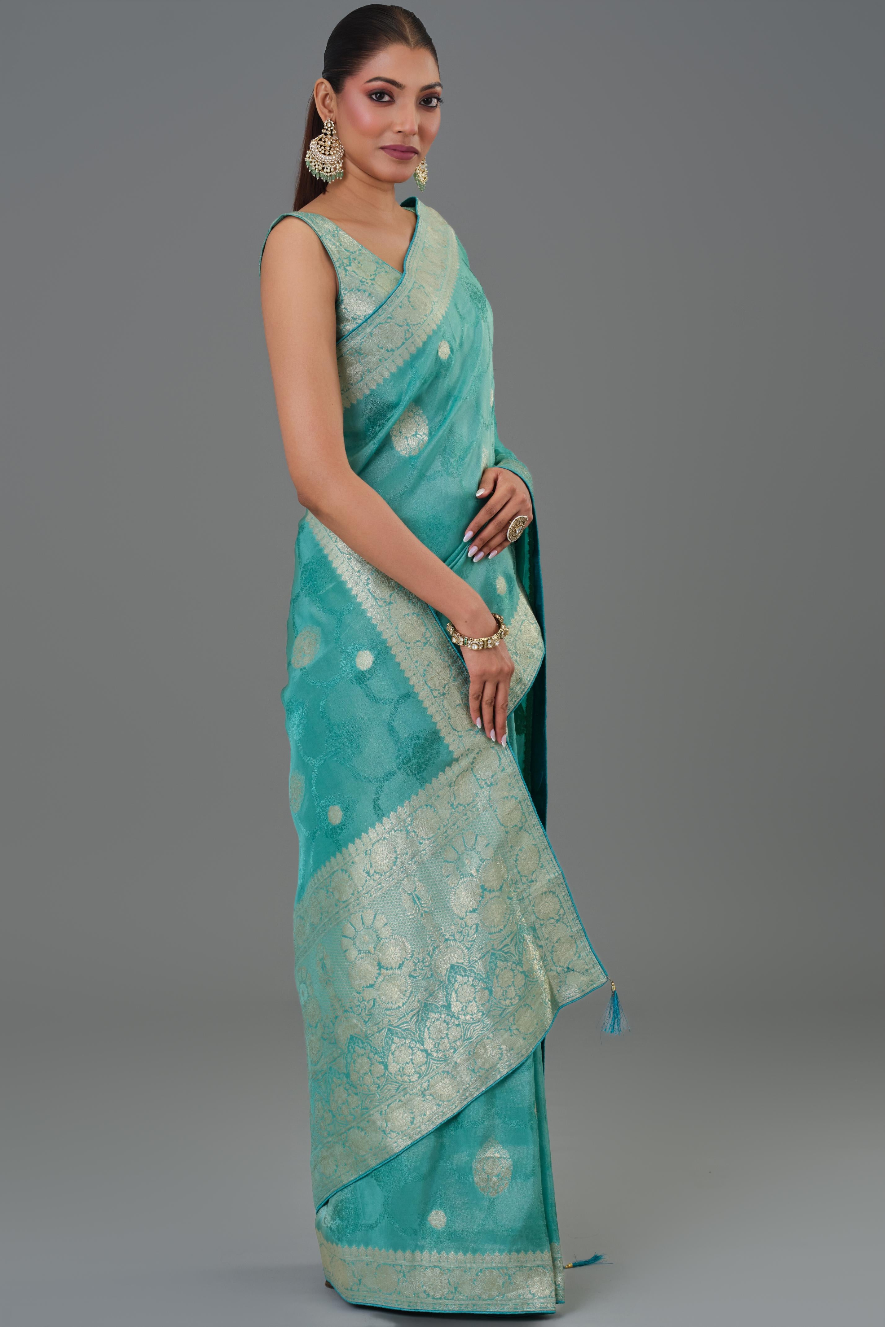 Teal Green Embroidered Dola Silk Saree