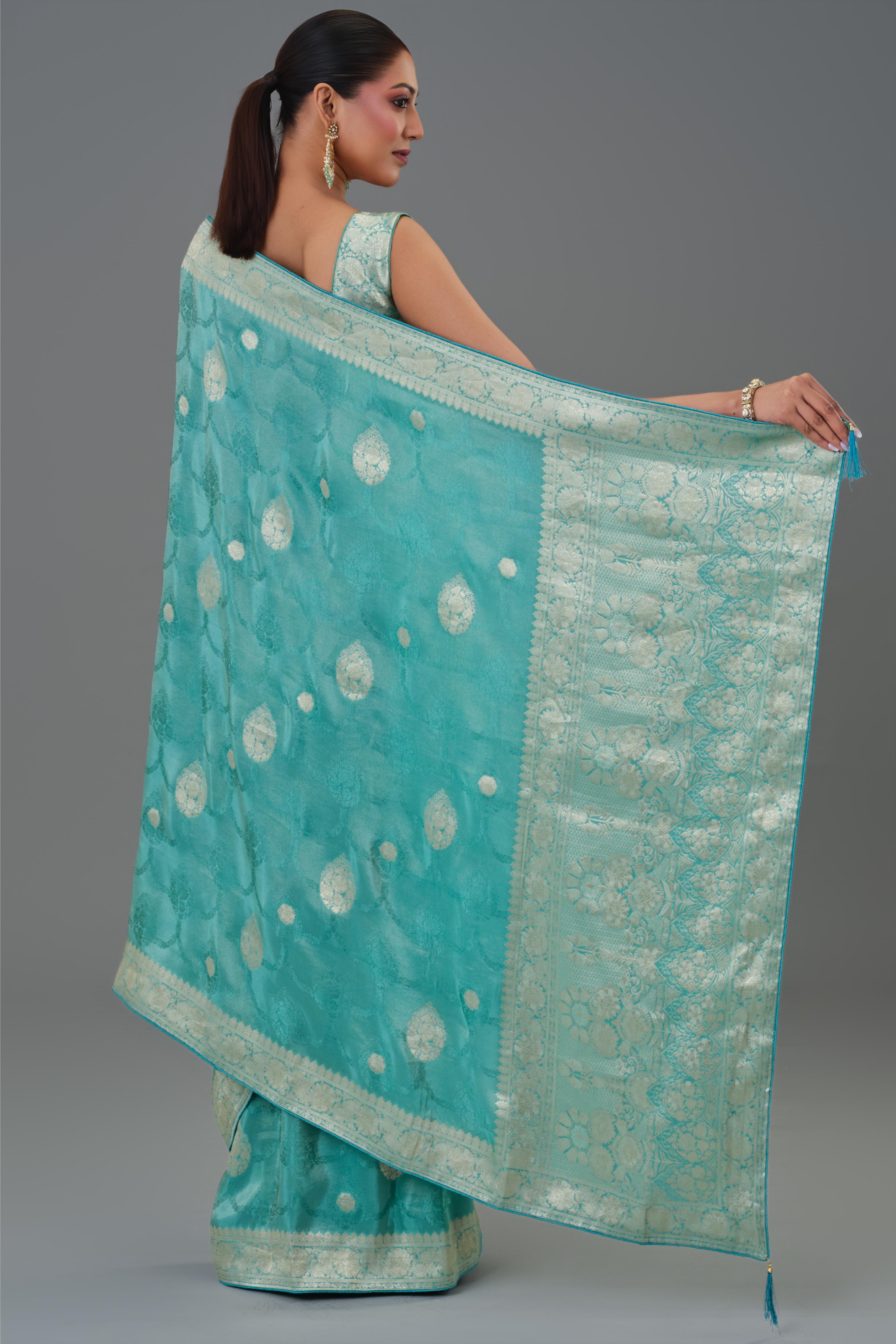 Teal Green Embroidered Dola Silk Saree
