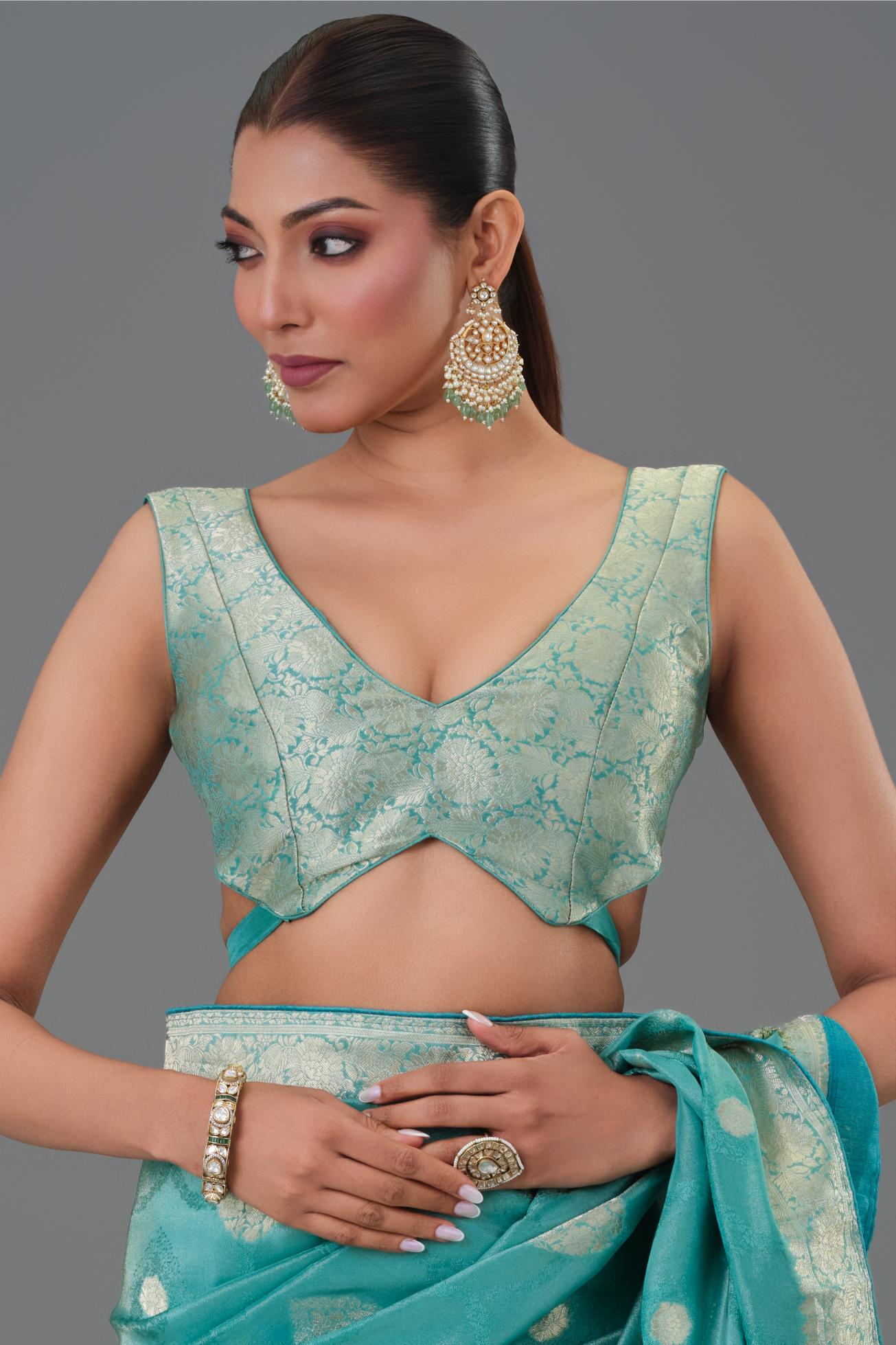 Teal Green Embroidered Dola Silk Saree