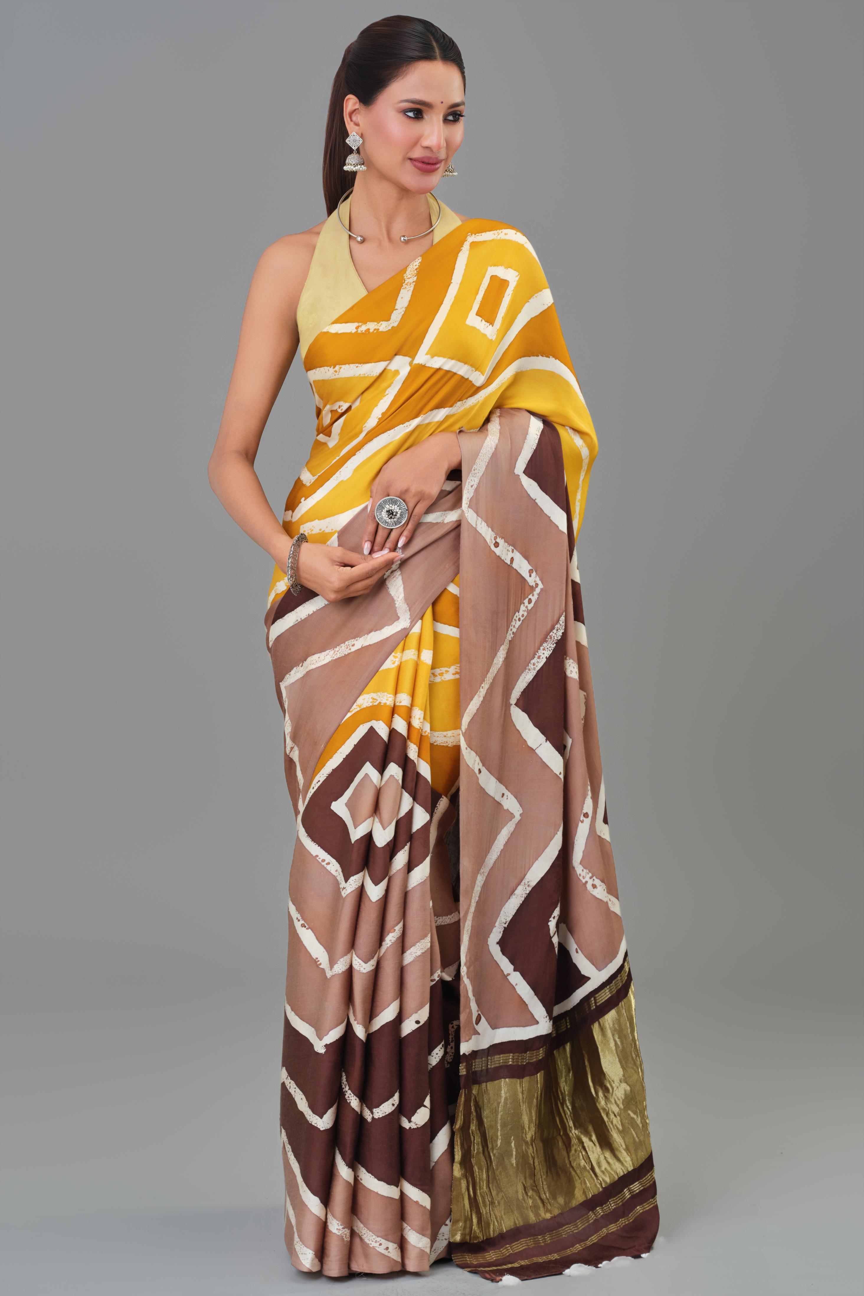 Yellow Hand Block Printed Satin Silk Saree