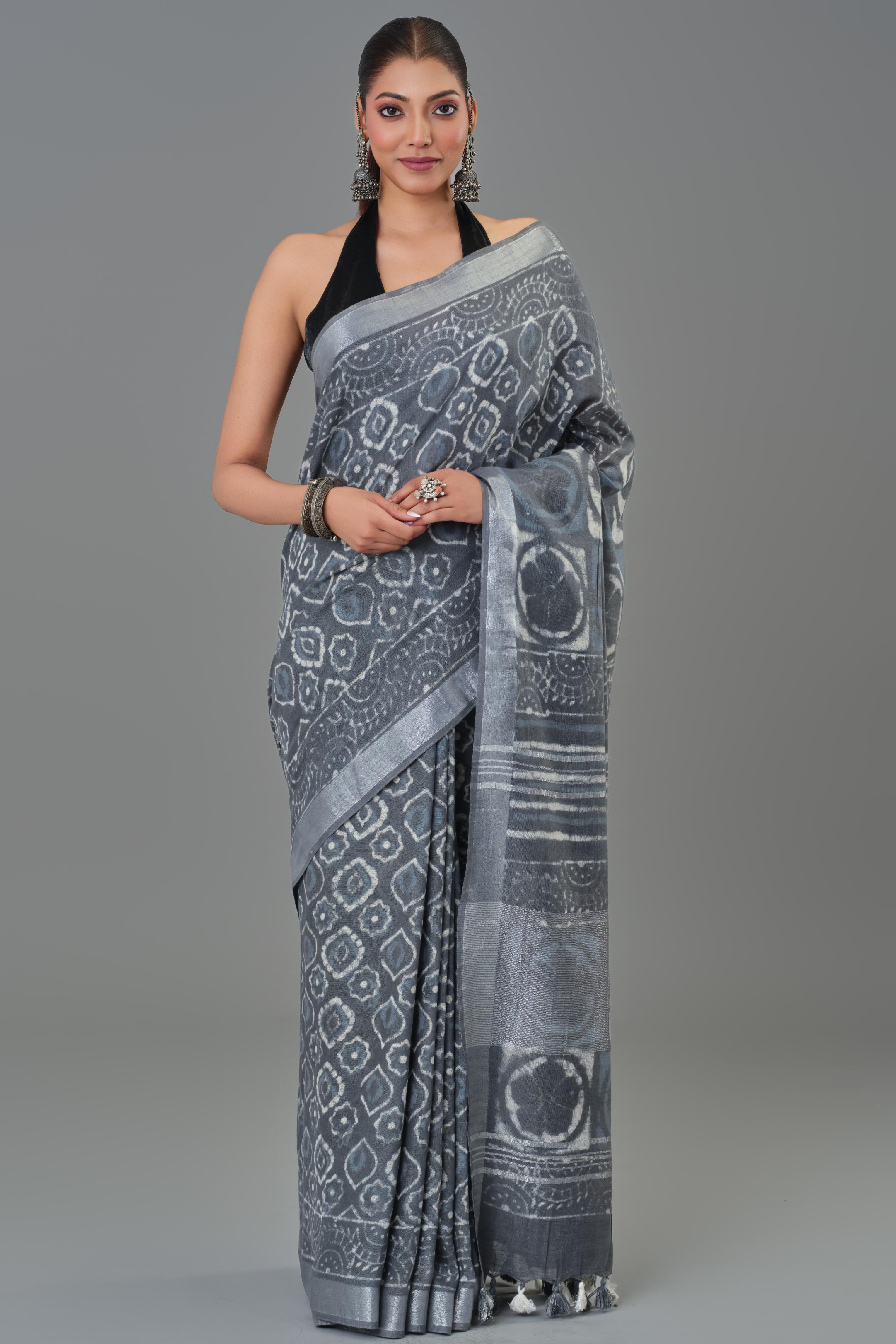 Grey Dabu Hand Block Printed Linen Saree