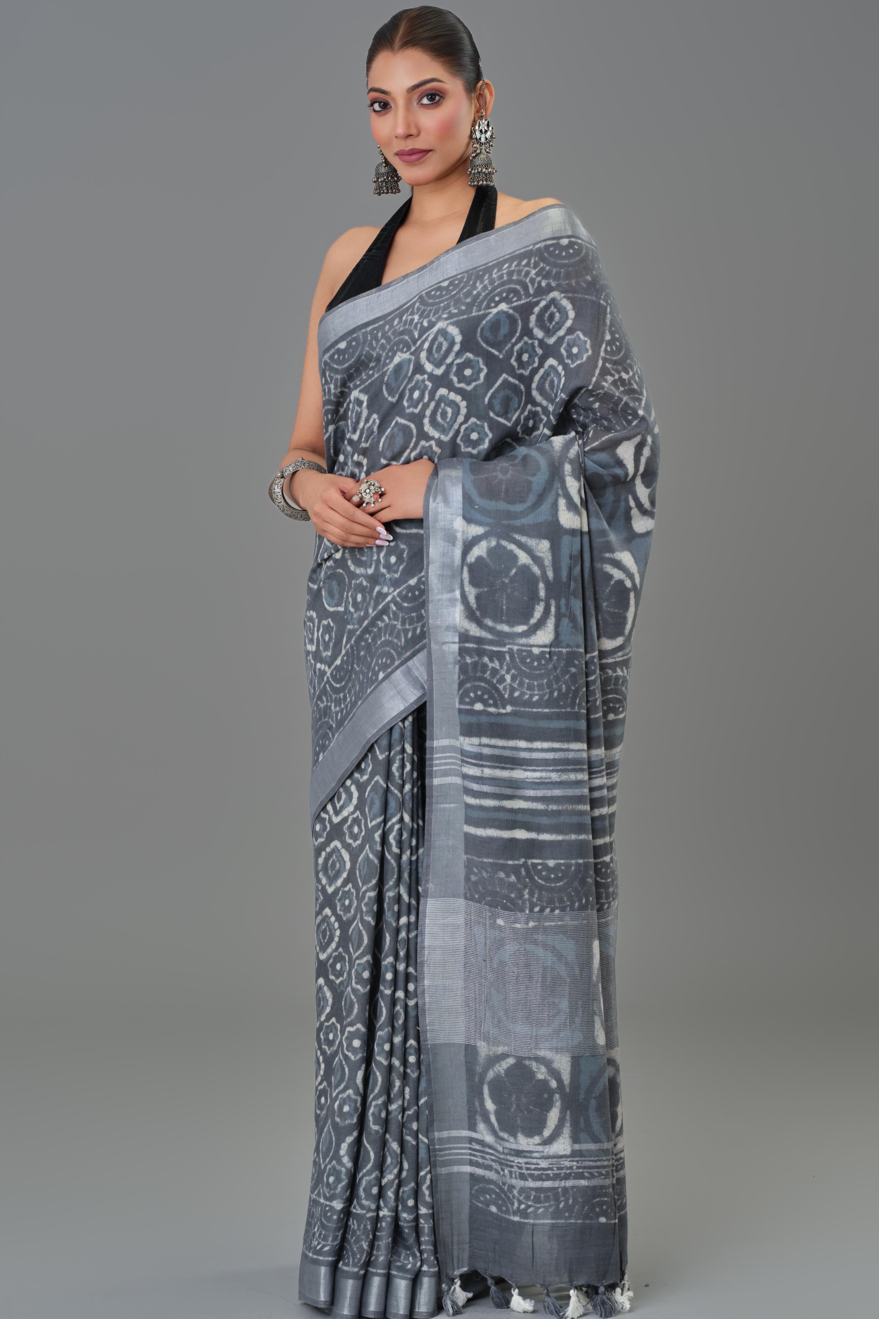 Grey Dabu Hand Block Printed Linen Saree