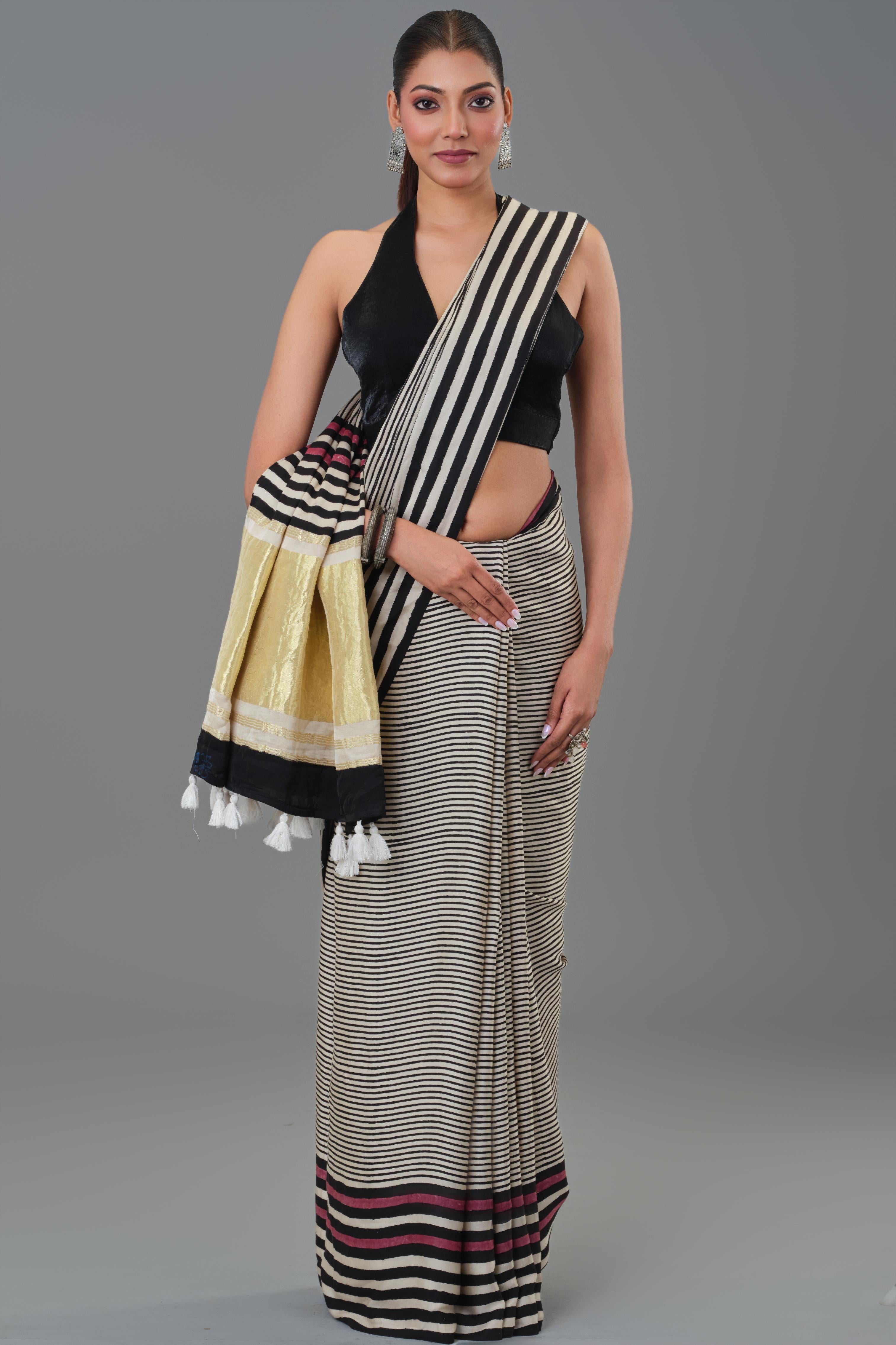 Black & White Hand Block Printed Satin Silk Saree