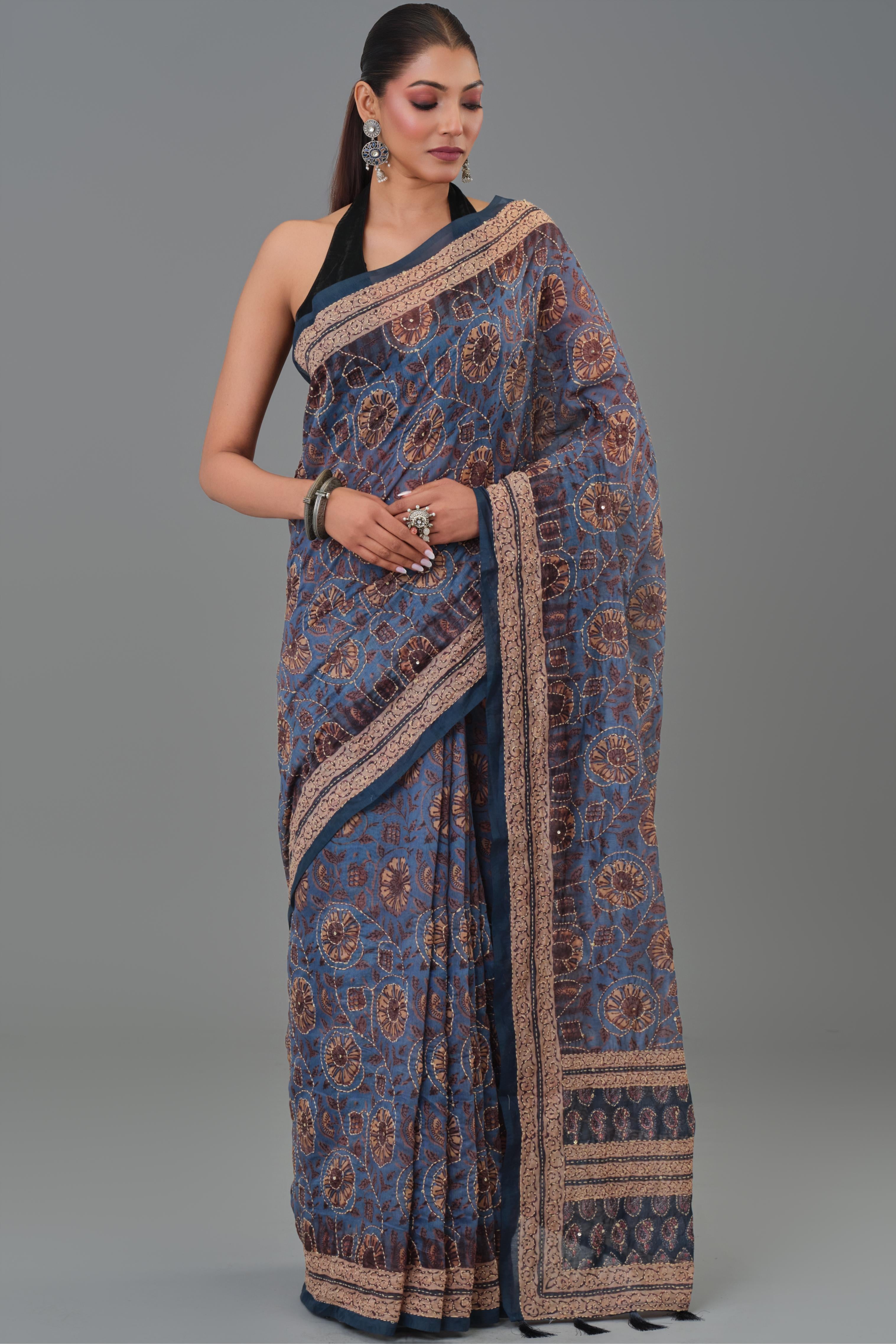Blue Kantha Handwork Chanderi Silk Saree