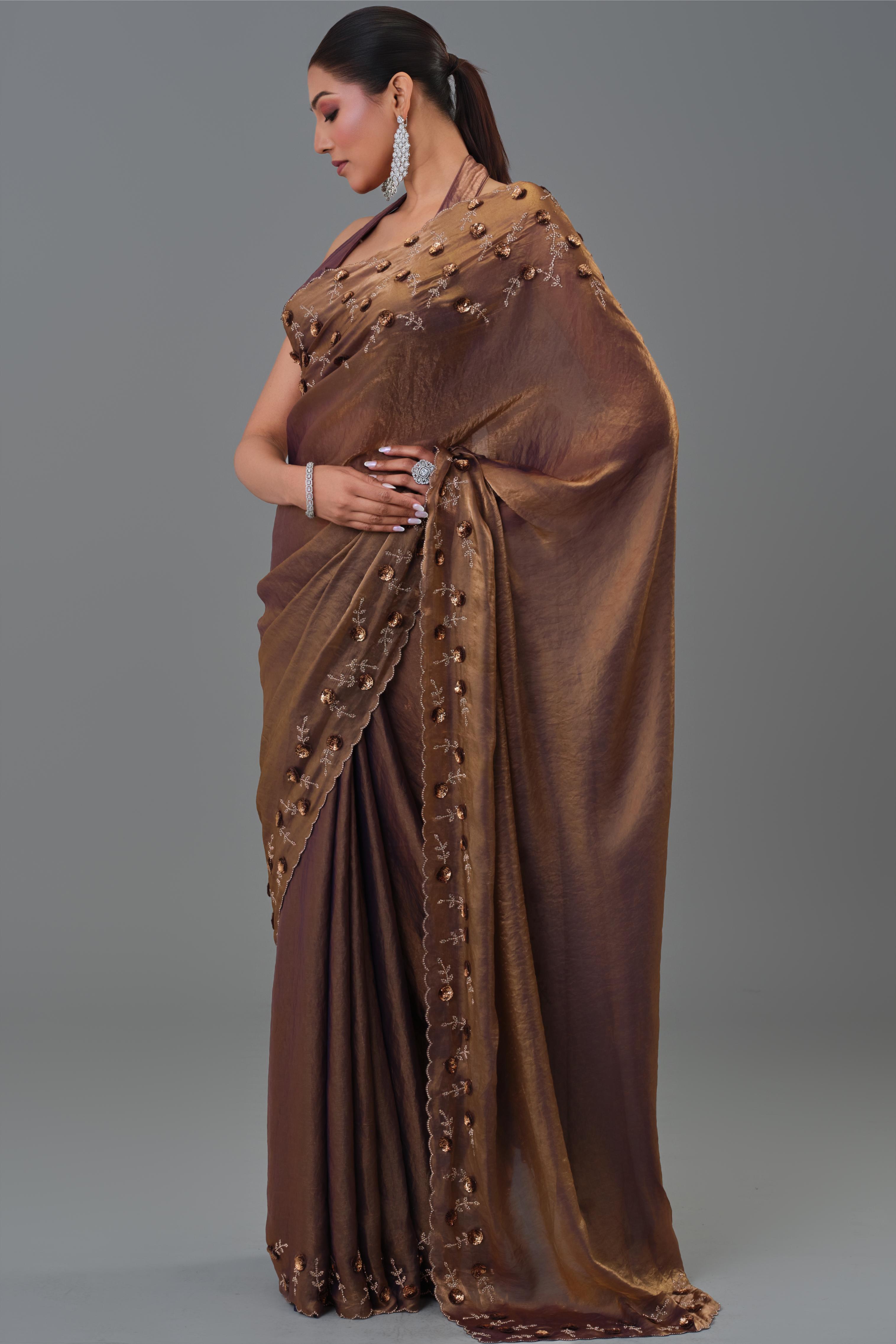 Deep Bronze Embroidered Tissue Silk Saree