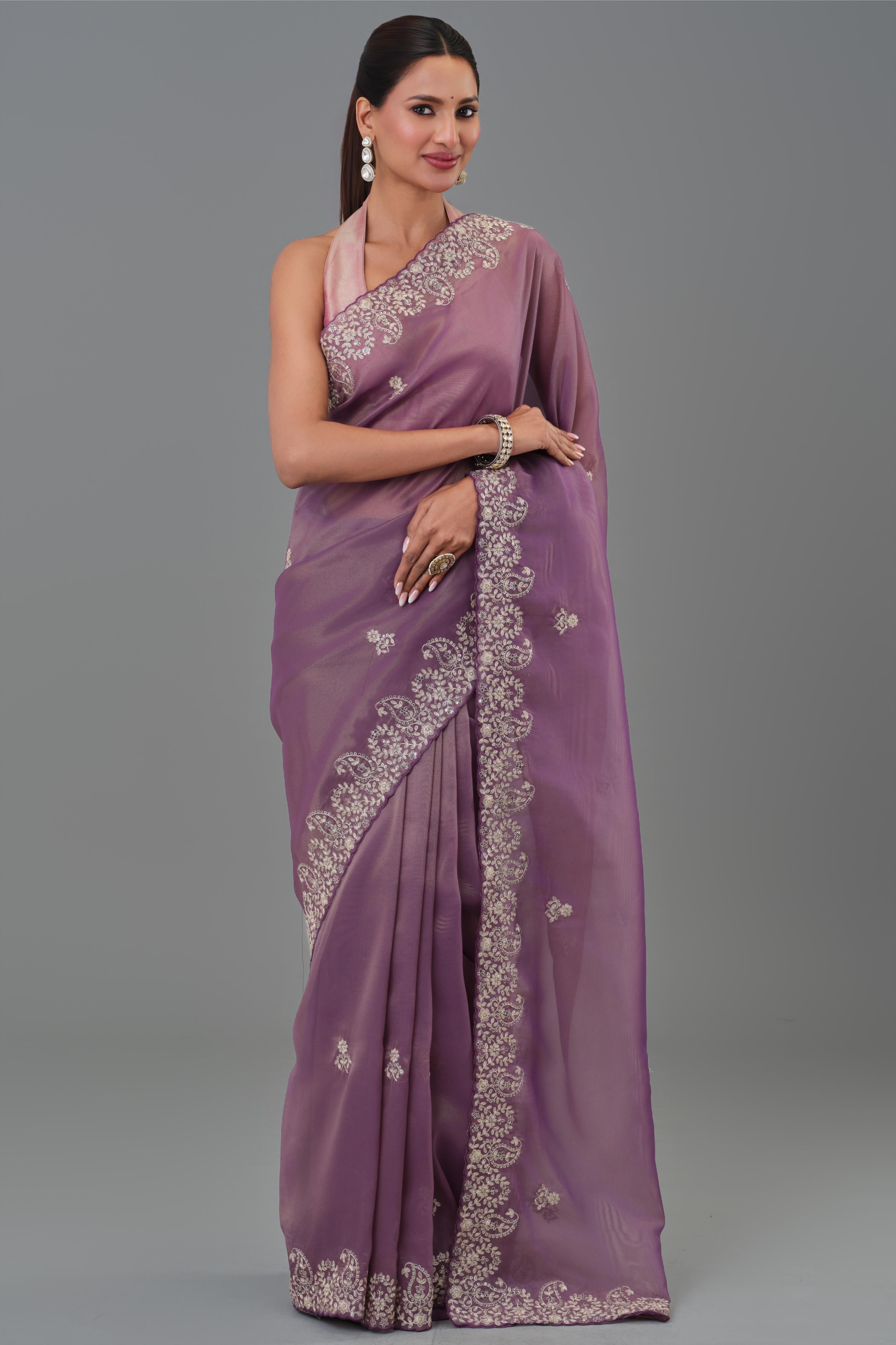 Dark Mauve Embroidered Tissue Silk Saree