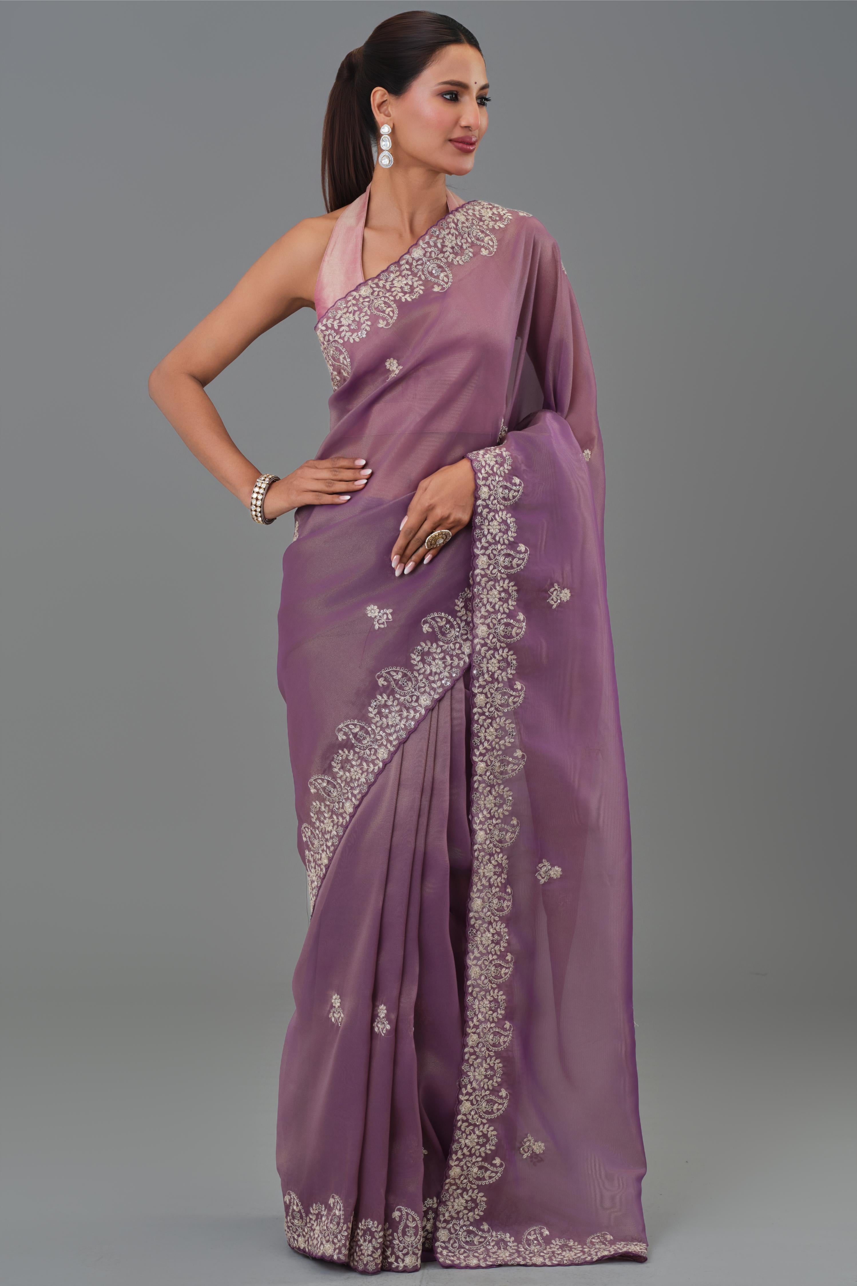 Dark Mauve Embroidered Tissue Silk Saree