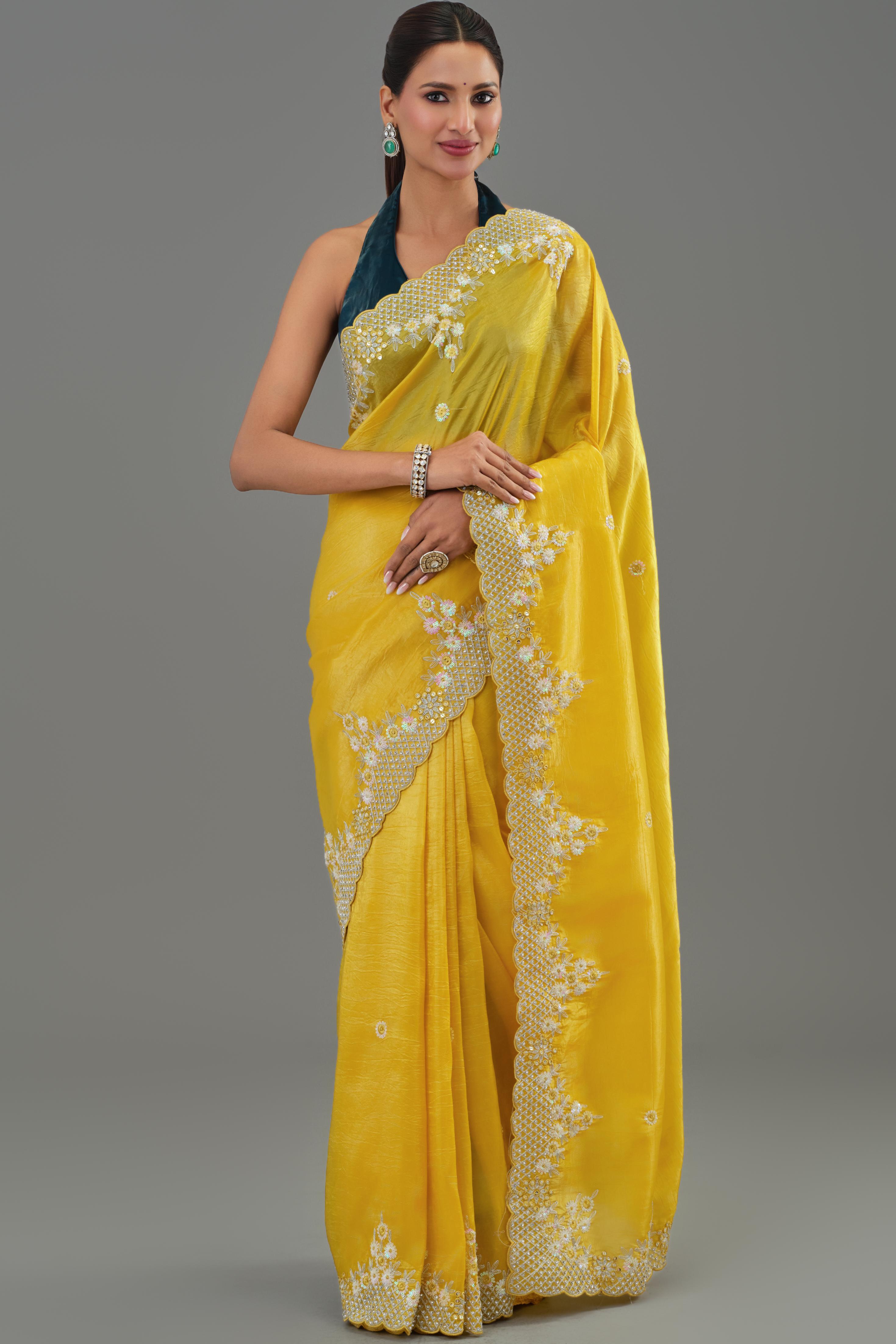 Yellow Embellished Crush Silk Saree