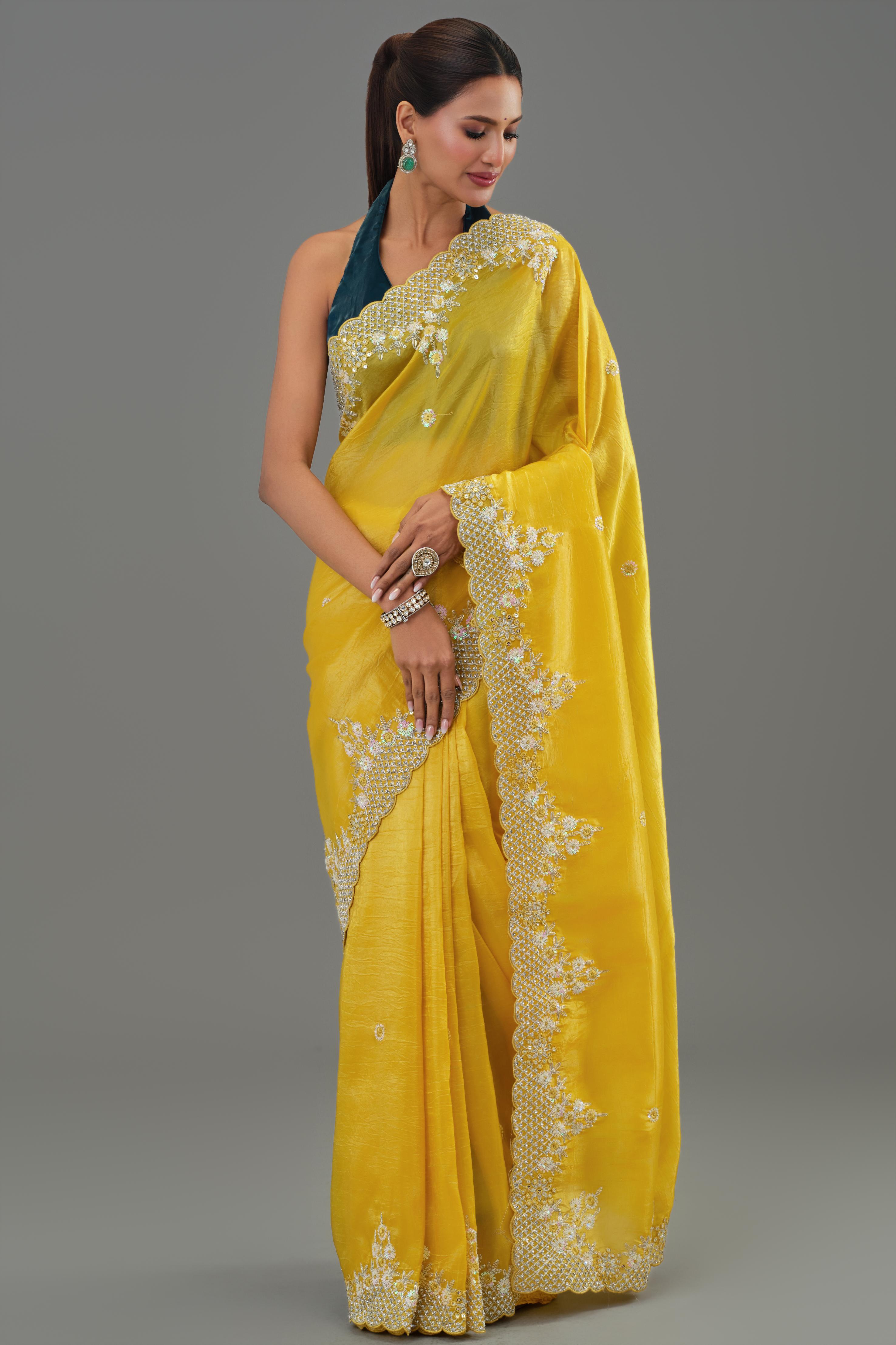 Yellow Embellished Crush Silk Saree