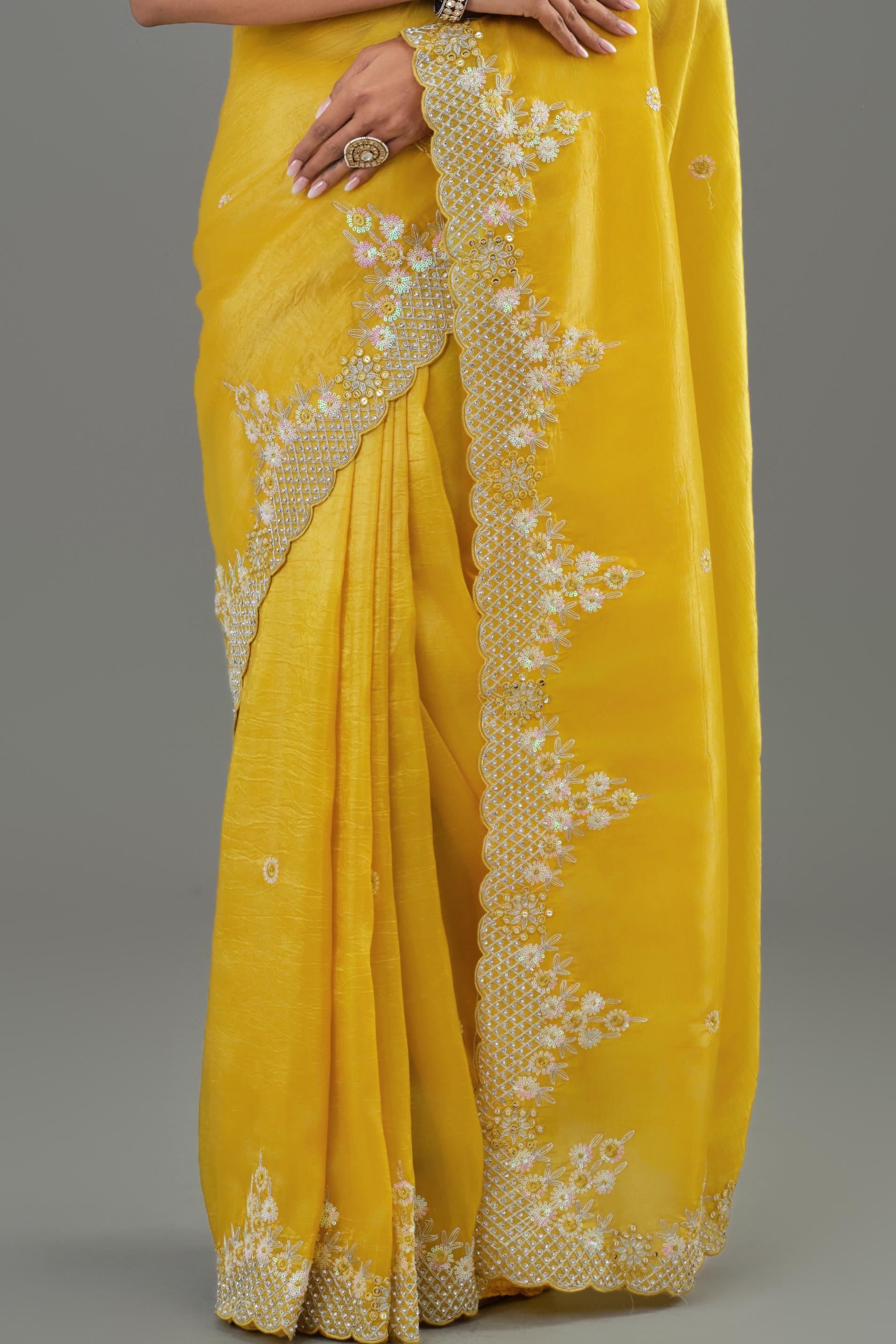 Yellow Embellished Crush Silk Saree