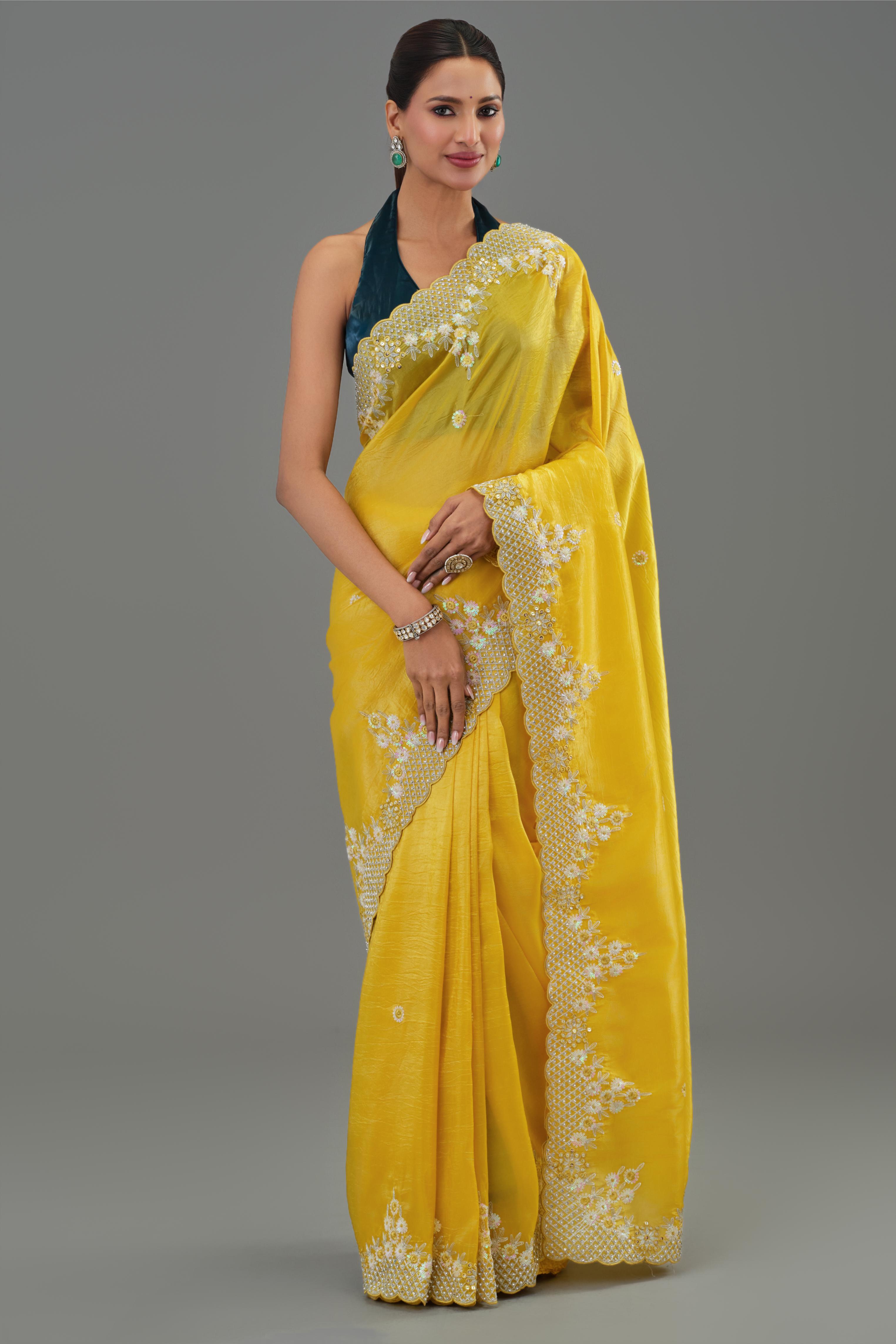 Yellow Embellished Crush Silk Saree