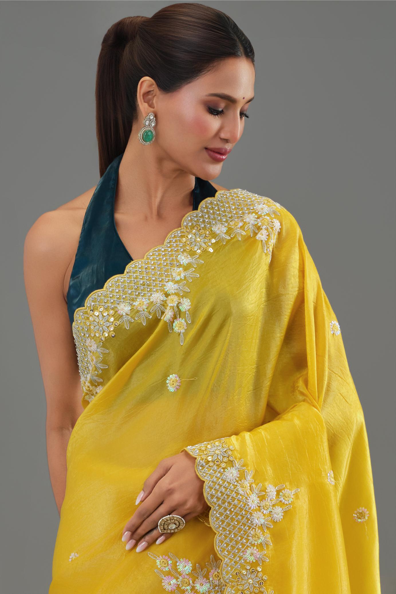 Yellow Embellished Crush Silk Saree