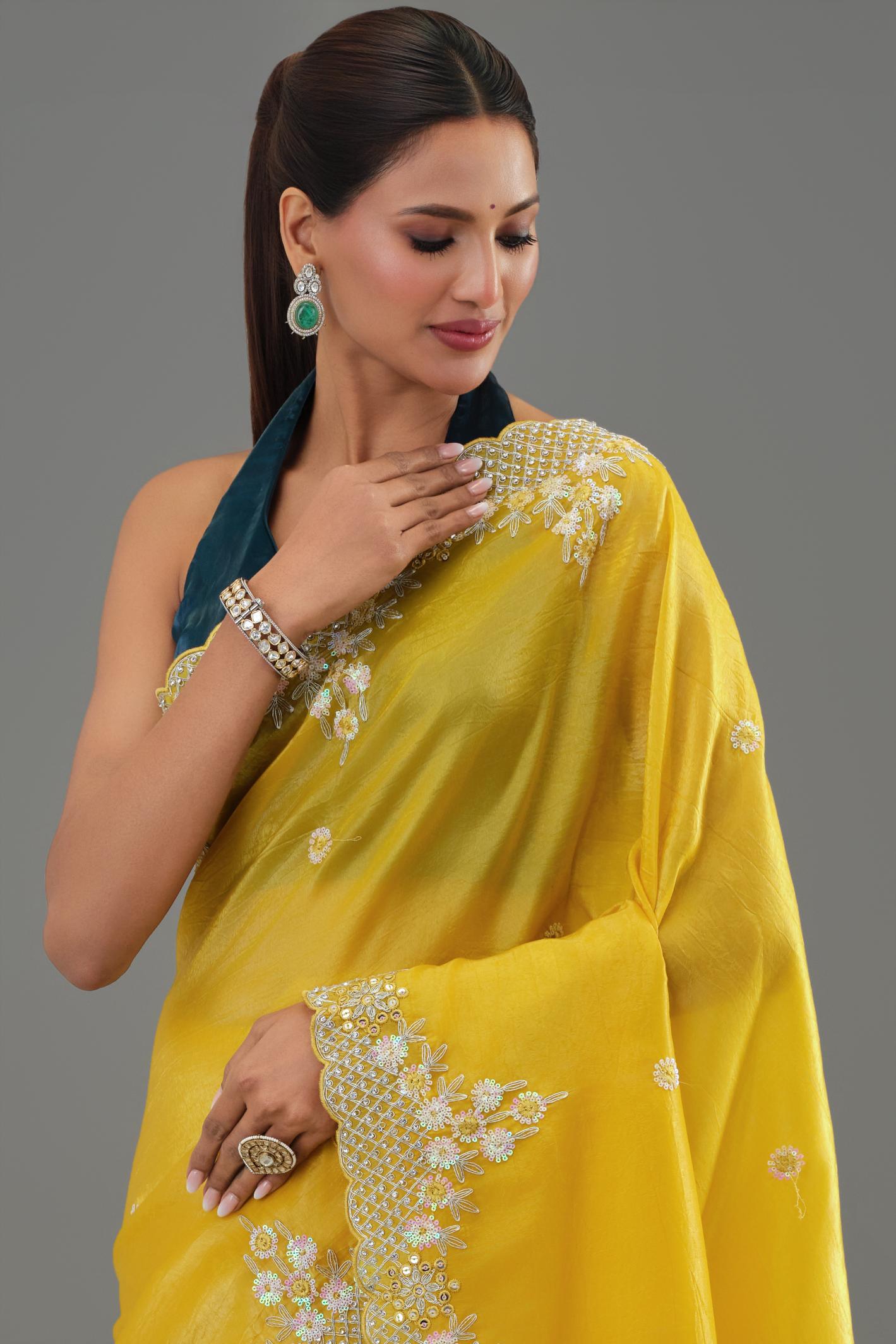 Yellow Embellished Crush Silk Saree