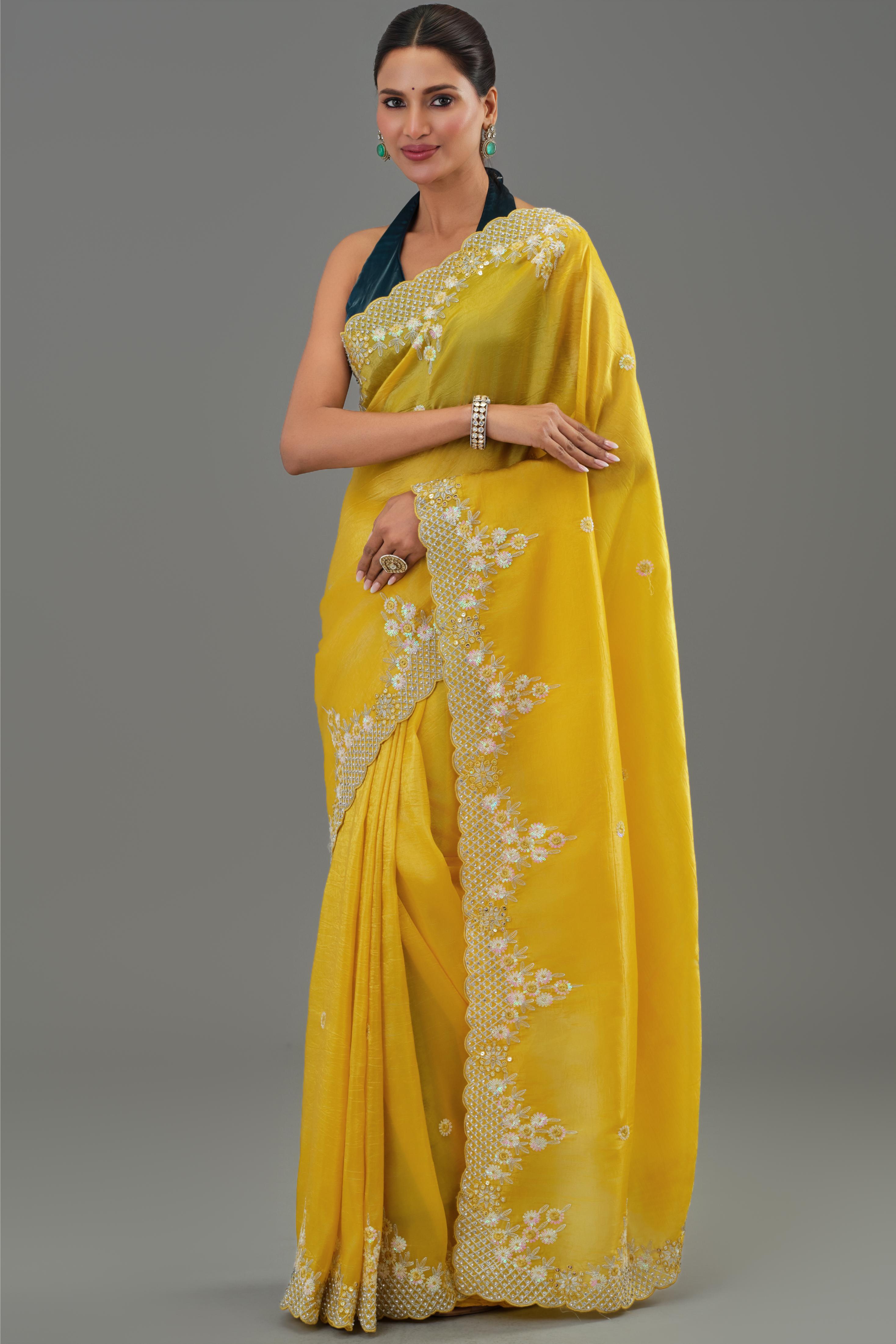 Yellow Embellished Crush Silk Saree