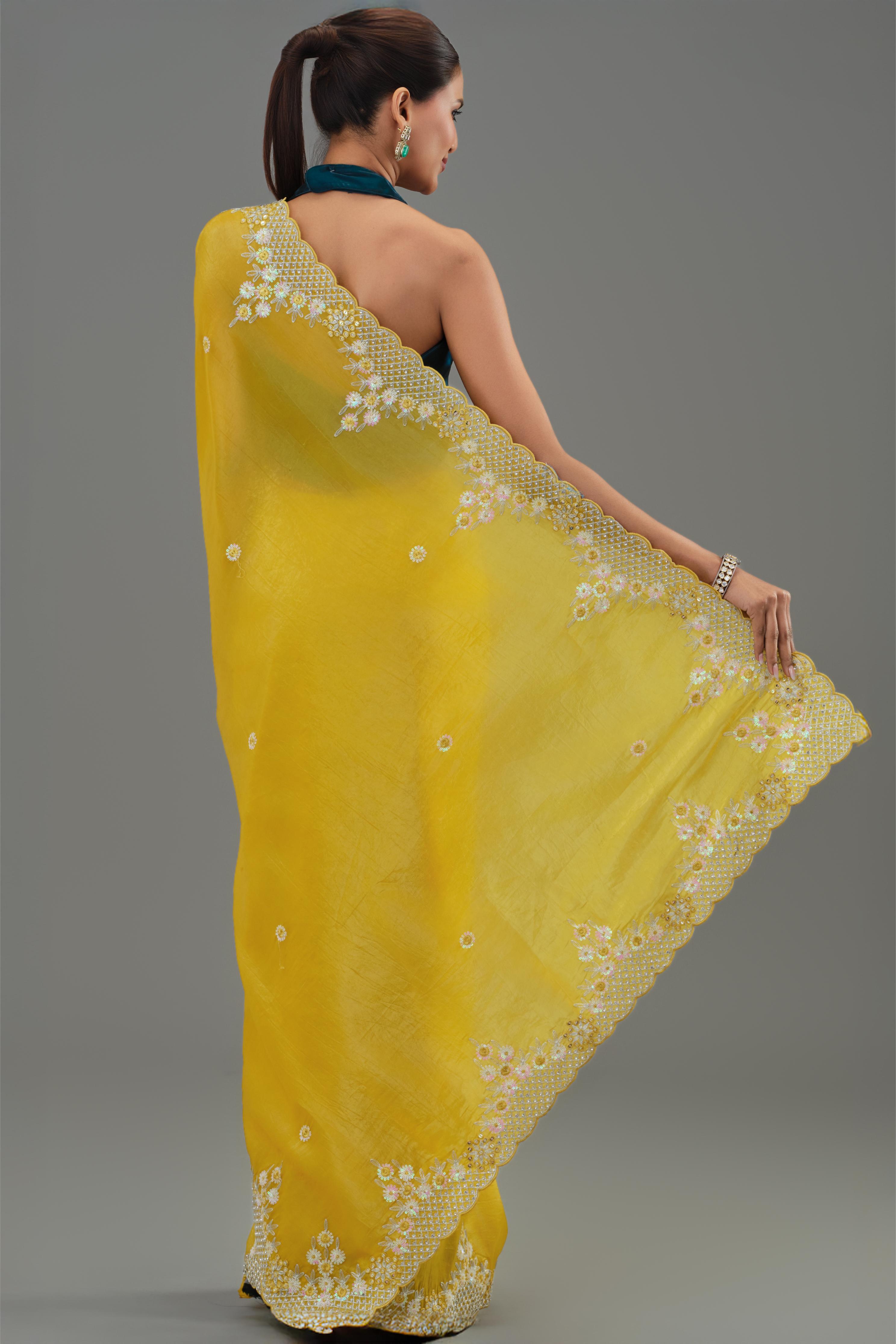 Yellow Embellished Crush Silk Saree