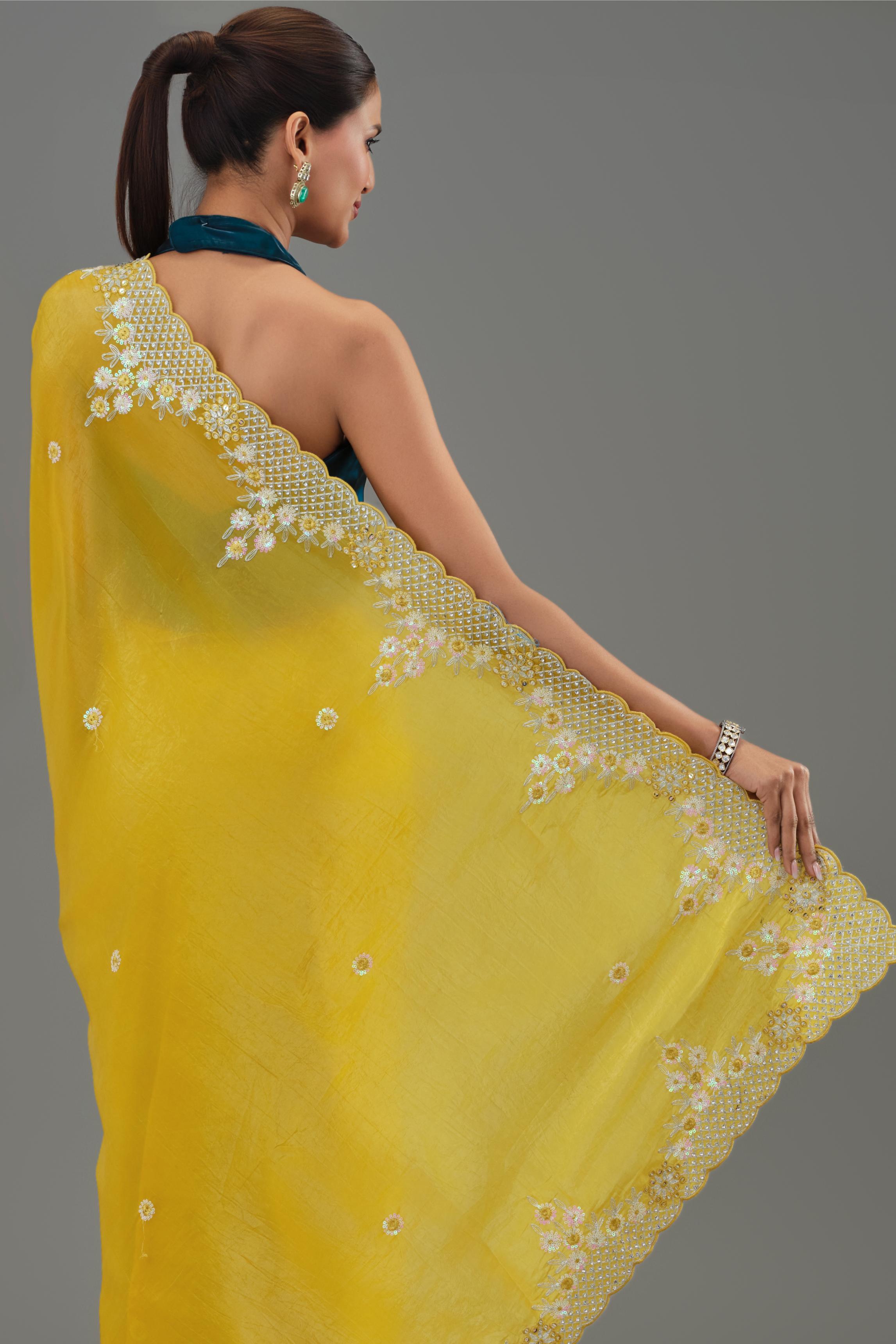 Yellow Embellished Crush Silk Saree
