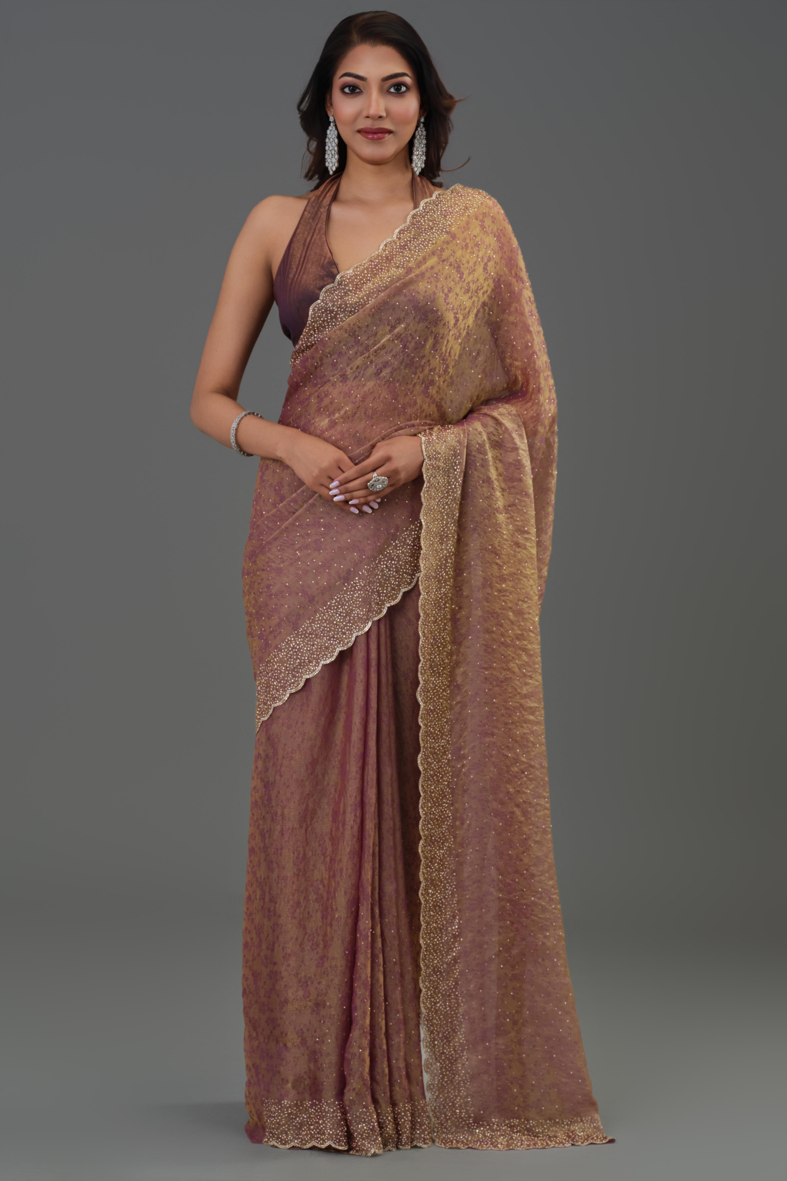 Rose Gold Embellished Cosmo Tissue Silk Saree