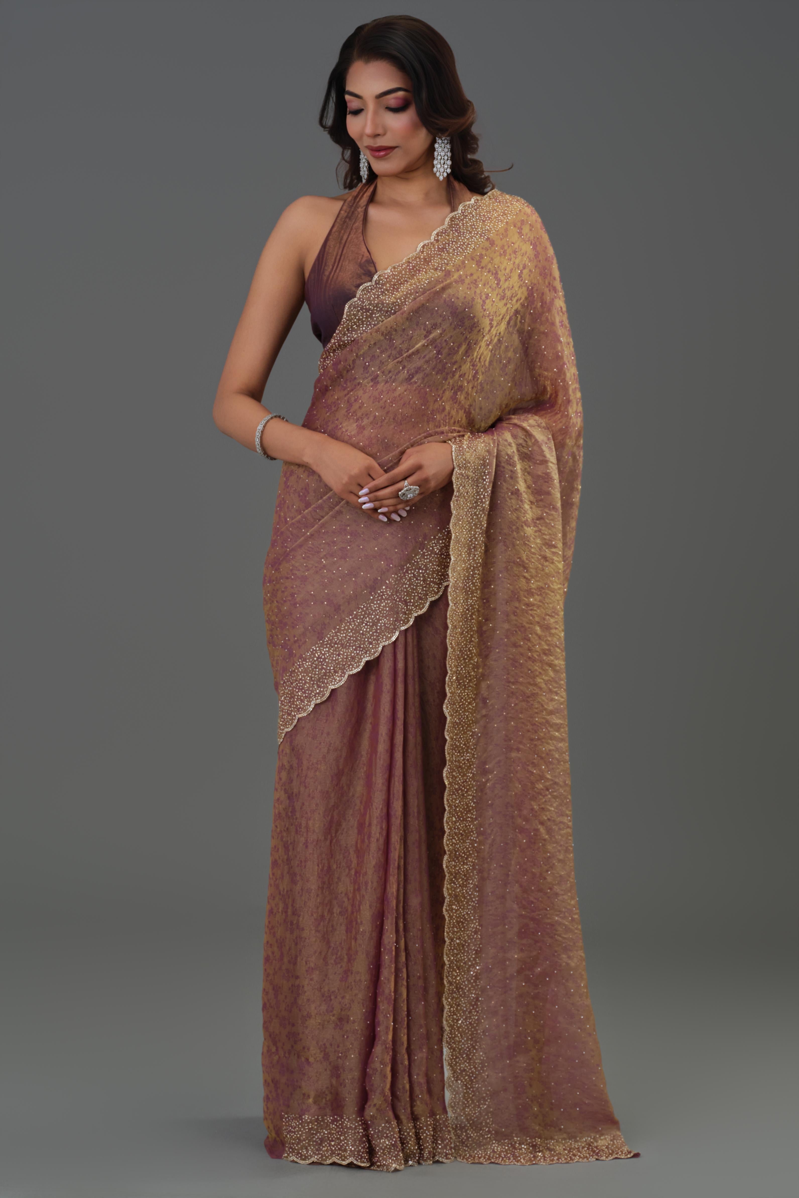 Rose Gold Embellished Cosmo Tissue Silk Saree