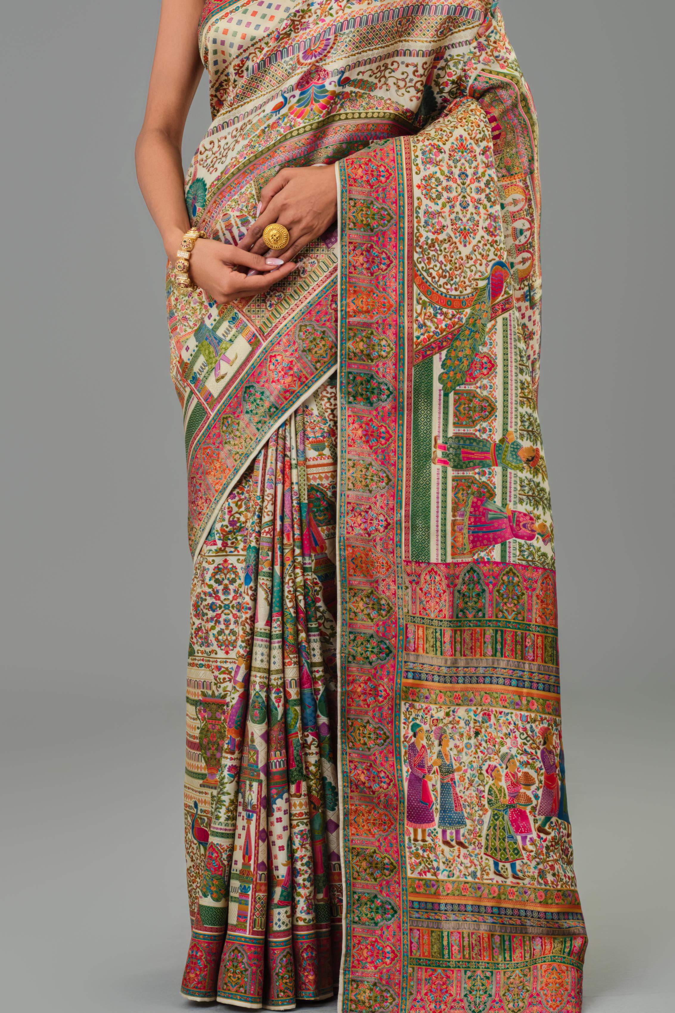 Cream Position Print Russian Silk Saree