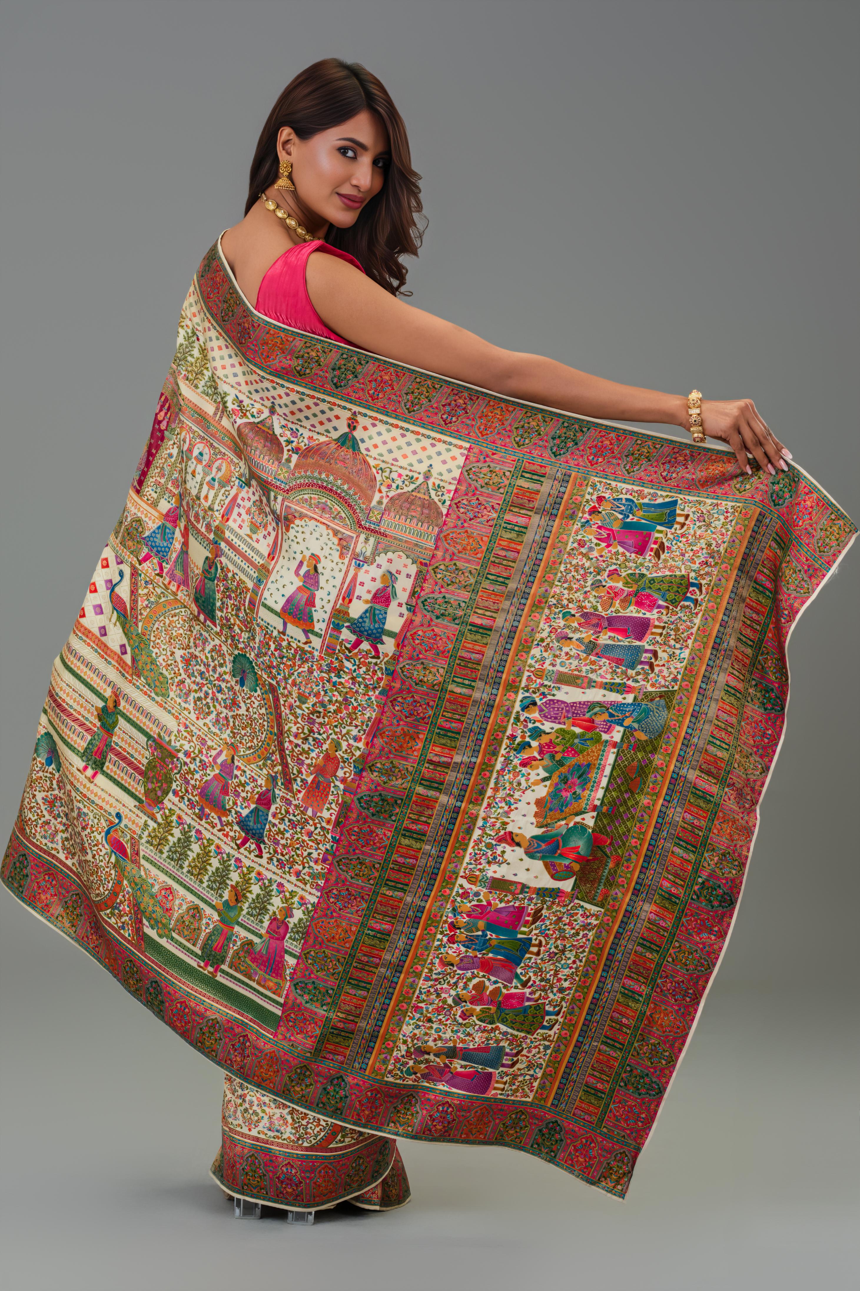 Cream Position Print Russian Silk Saree