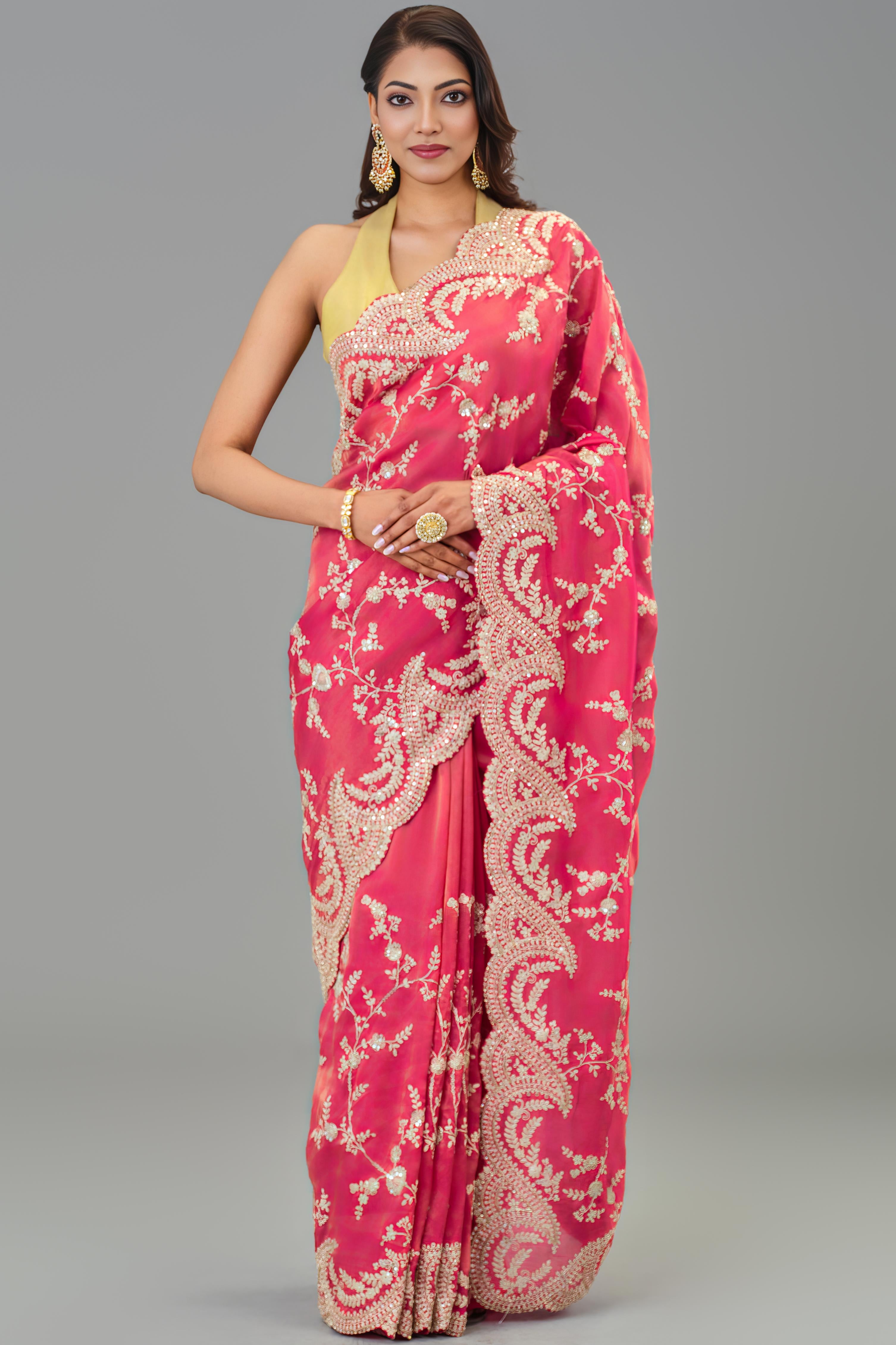 Red Embroidered Tissue Cosmo Silk Saree