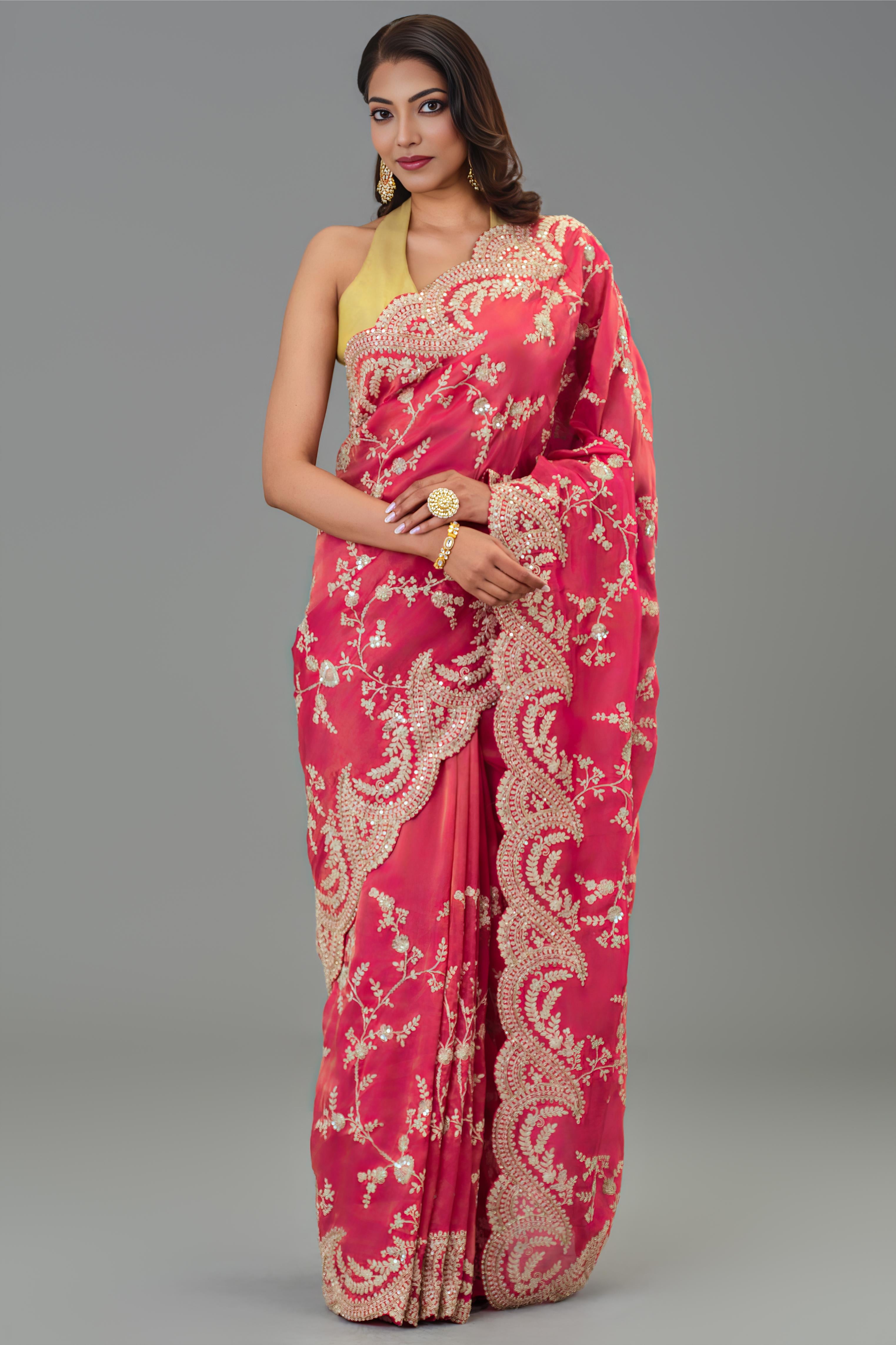 Red Embroidered Tissue Cosmo Silk Saree