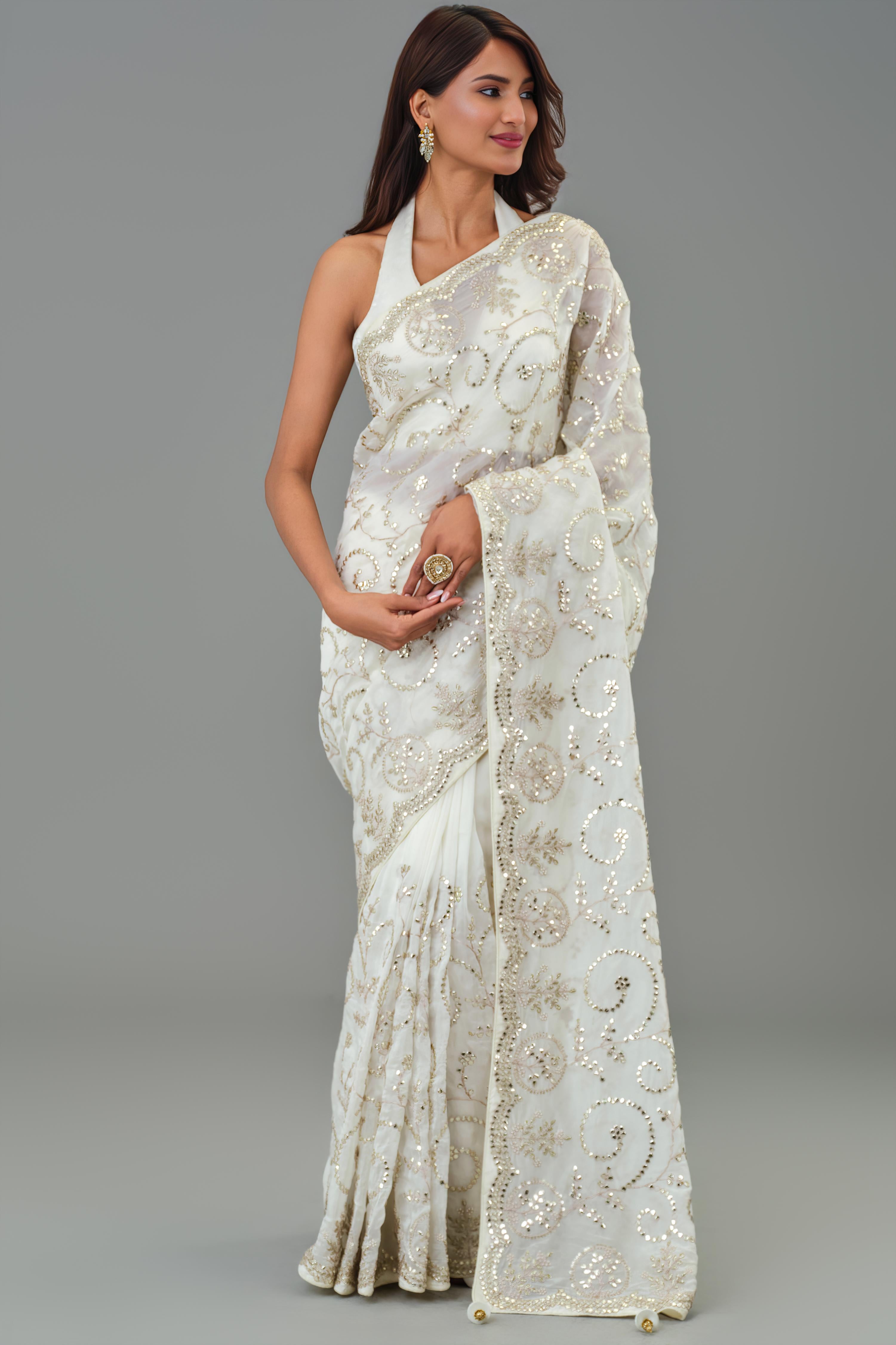 Ivory Embellished Russian Crepe Silk Saree