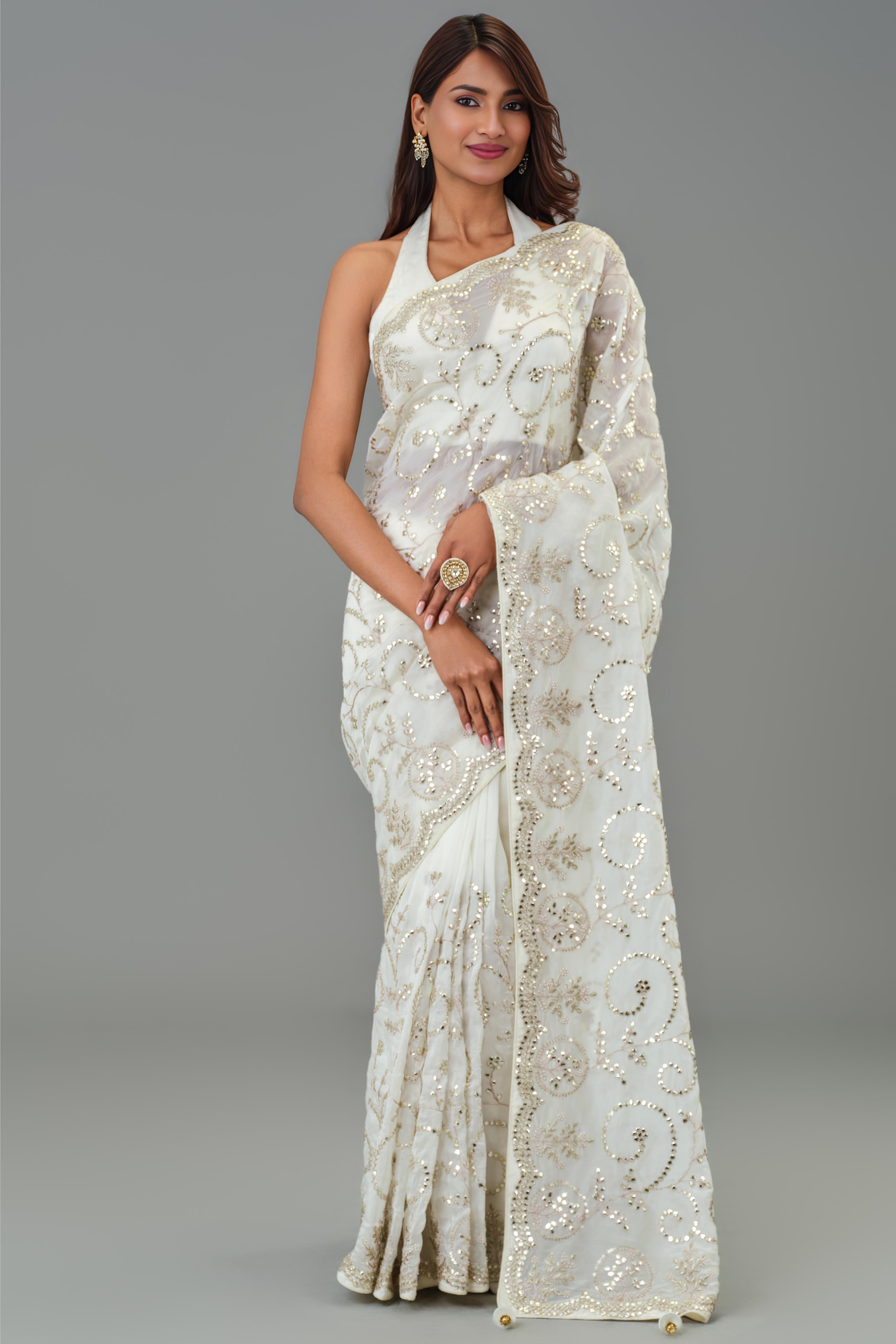 Ivory Embellished Russian Crepe Silk Saree