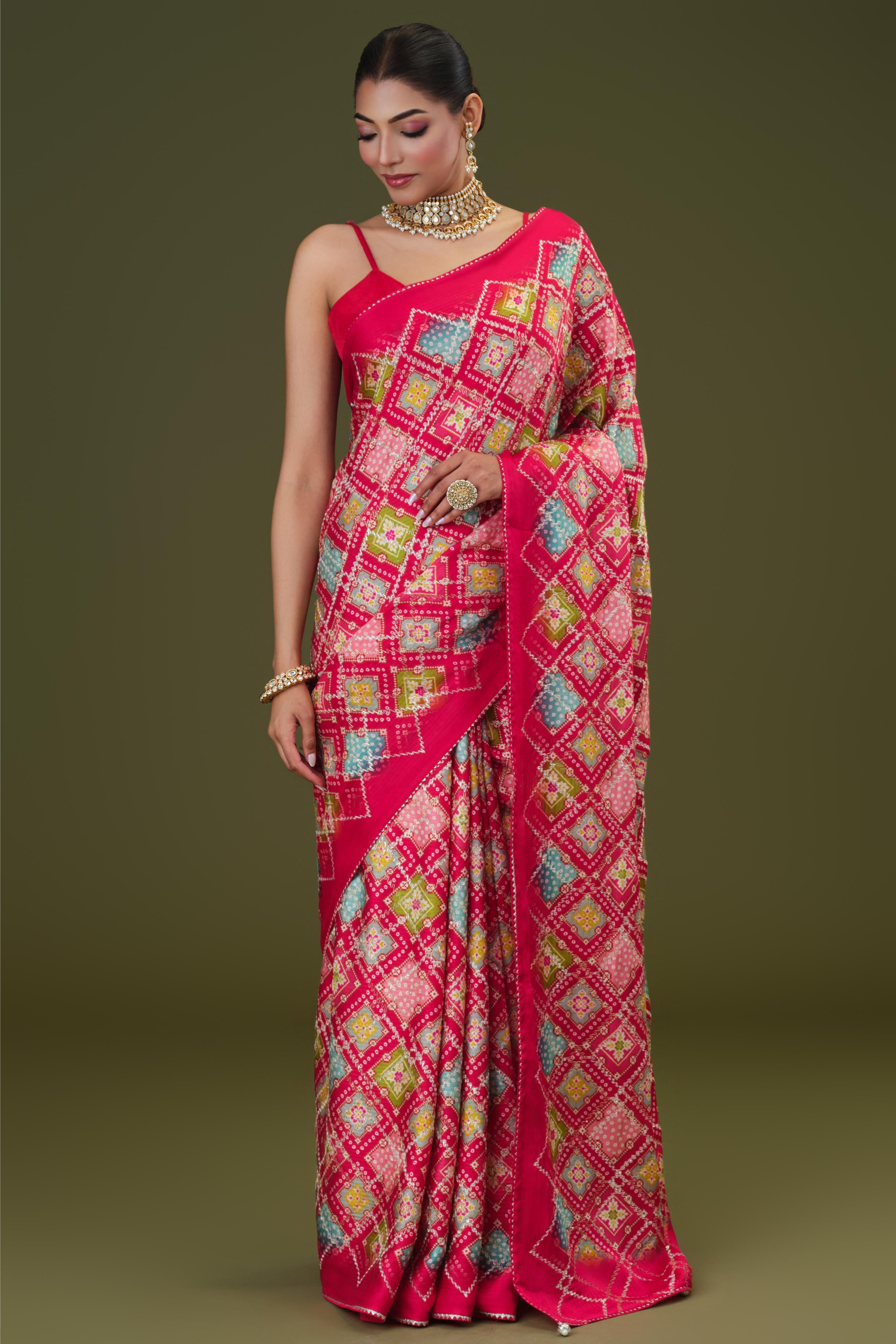 Red Printed Satin Silk Saree