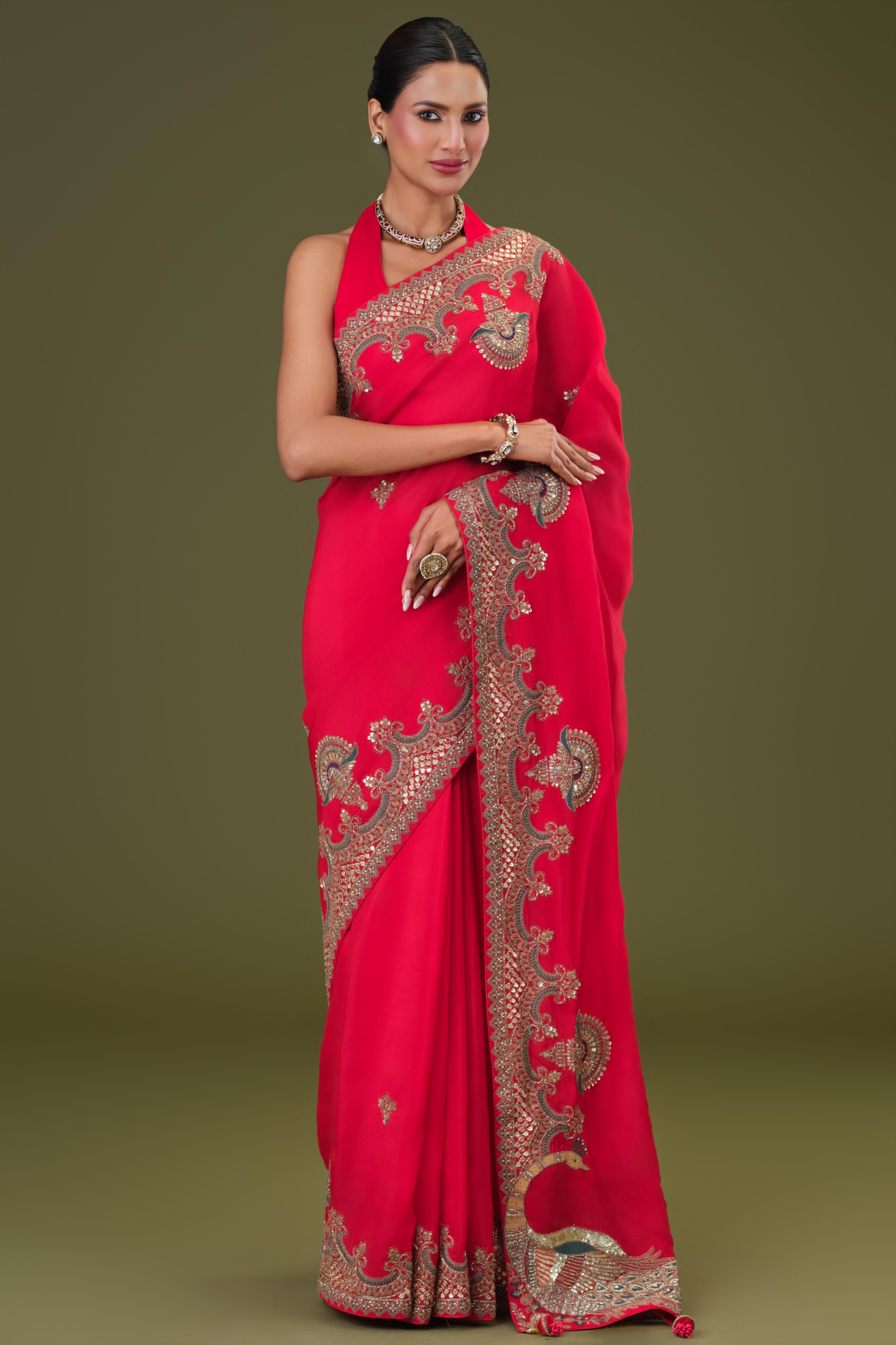 Bright Red Embroidered Satin Silk Saree