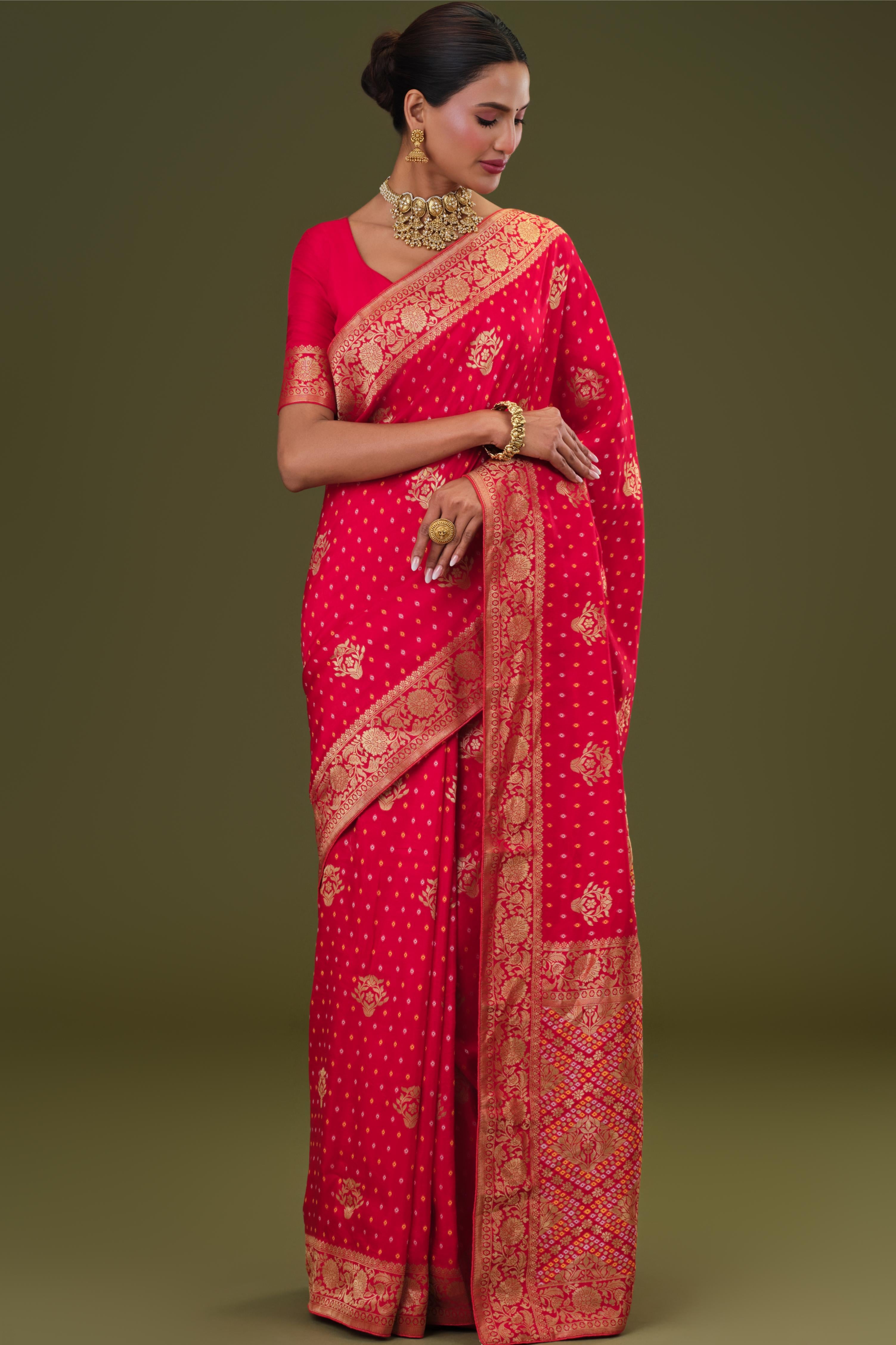 Bright Red Bandhej Printed Silk Saree