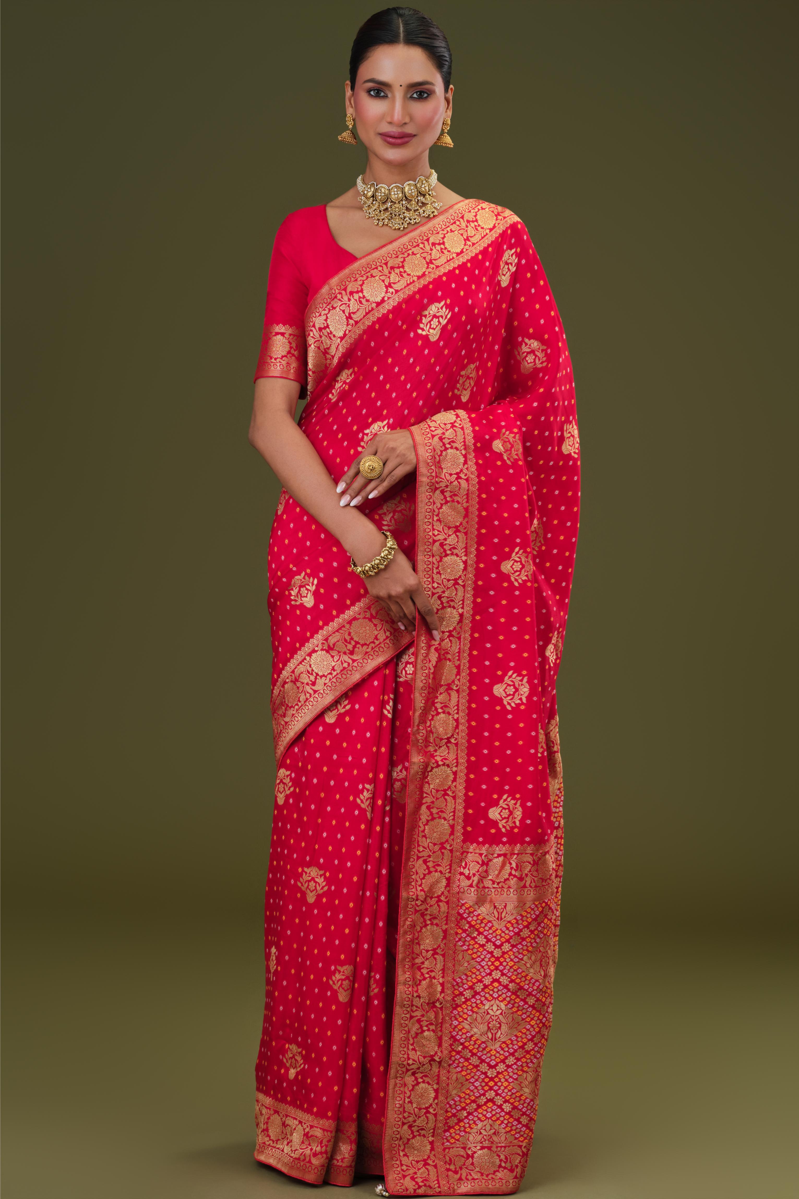 Bright Red Bandhej Printed Silk Saree