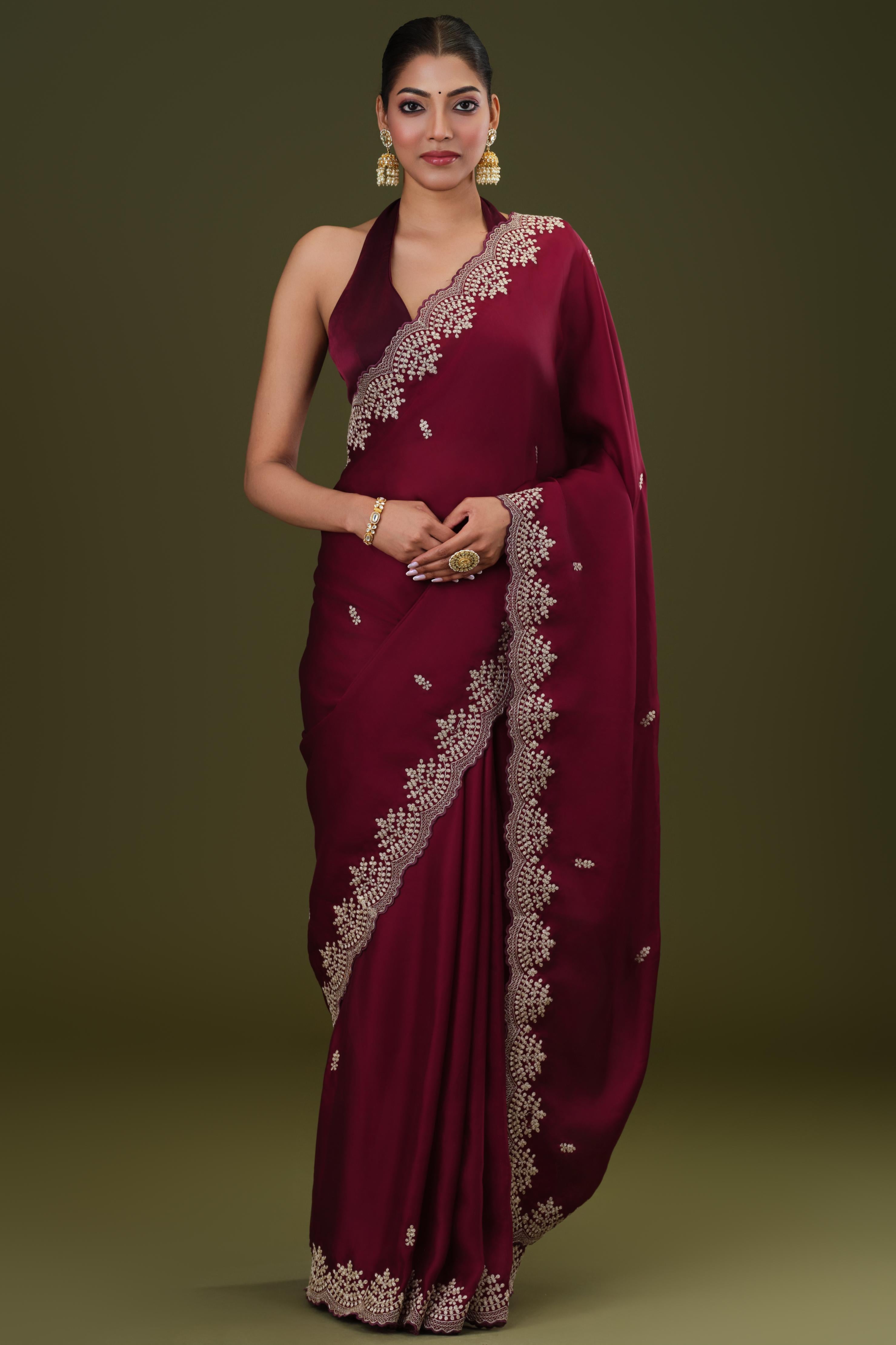 Wine Embroidered Butter Silk Saree
