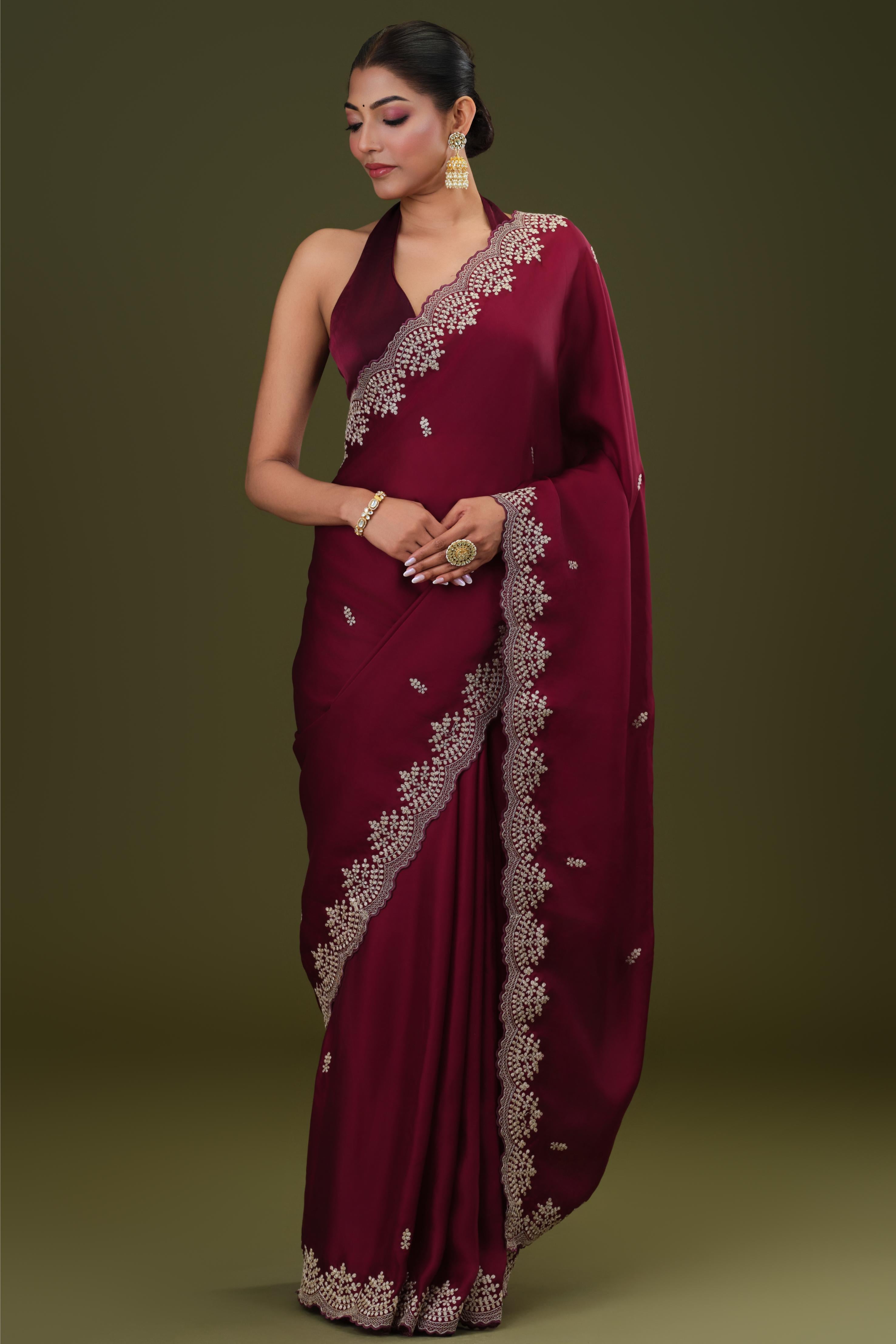 Wine Embroidered Butter Silk Saree