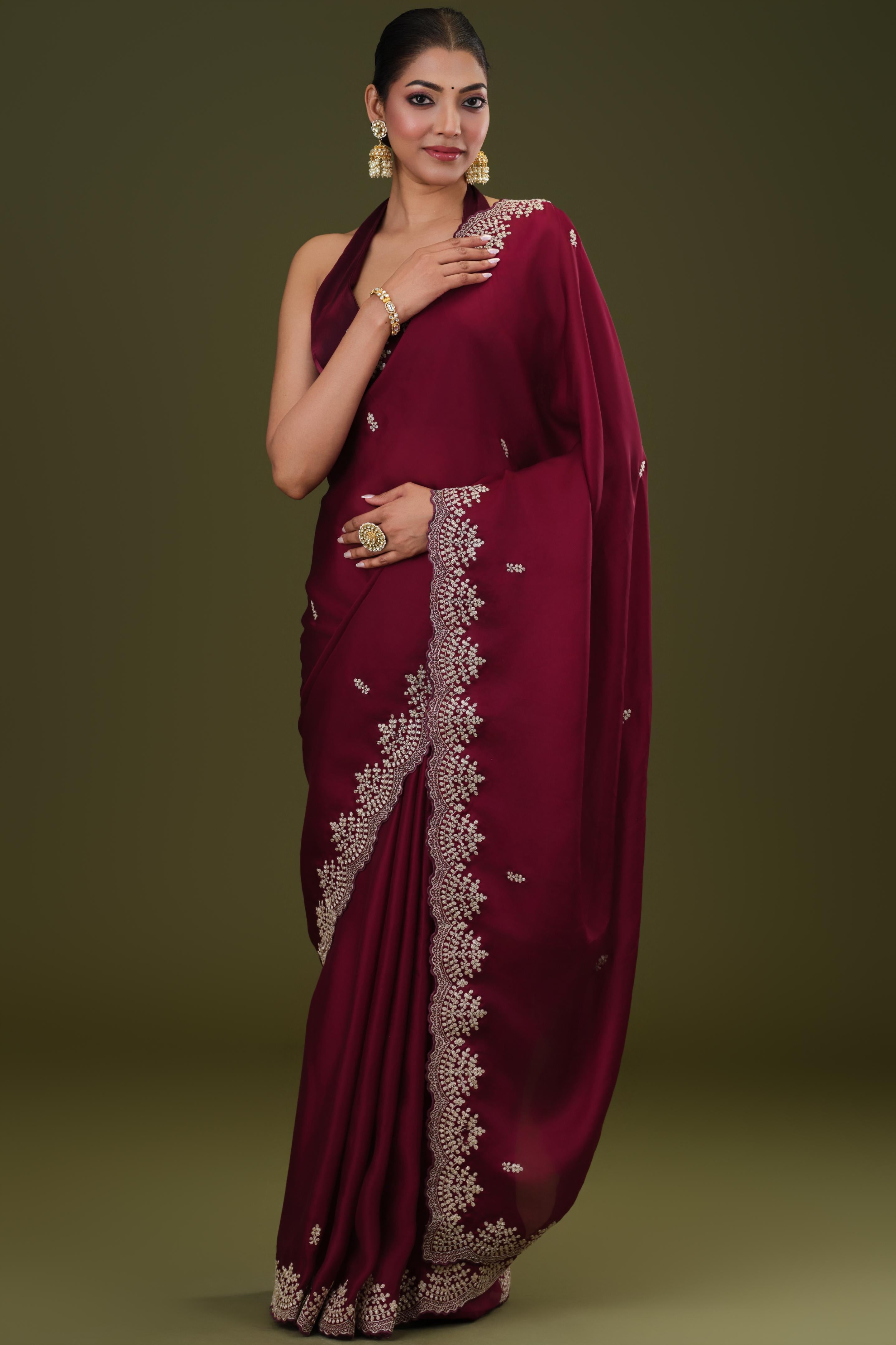 Wine Embroidered Butter Silk Saree