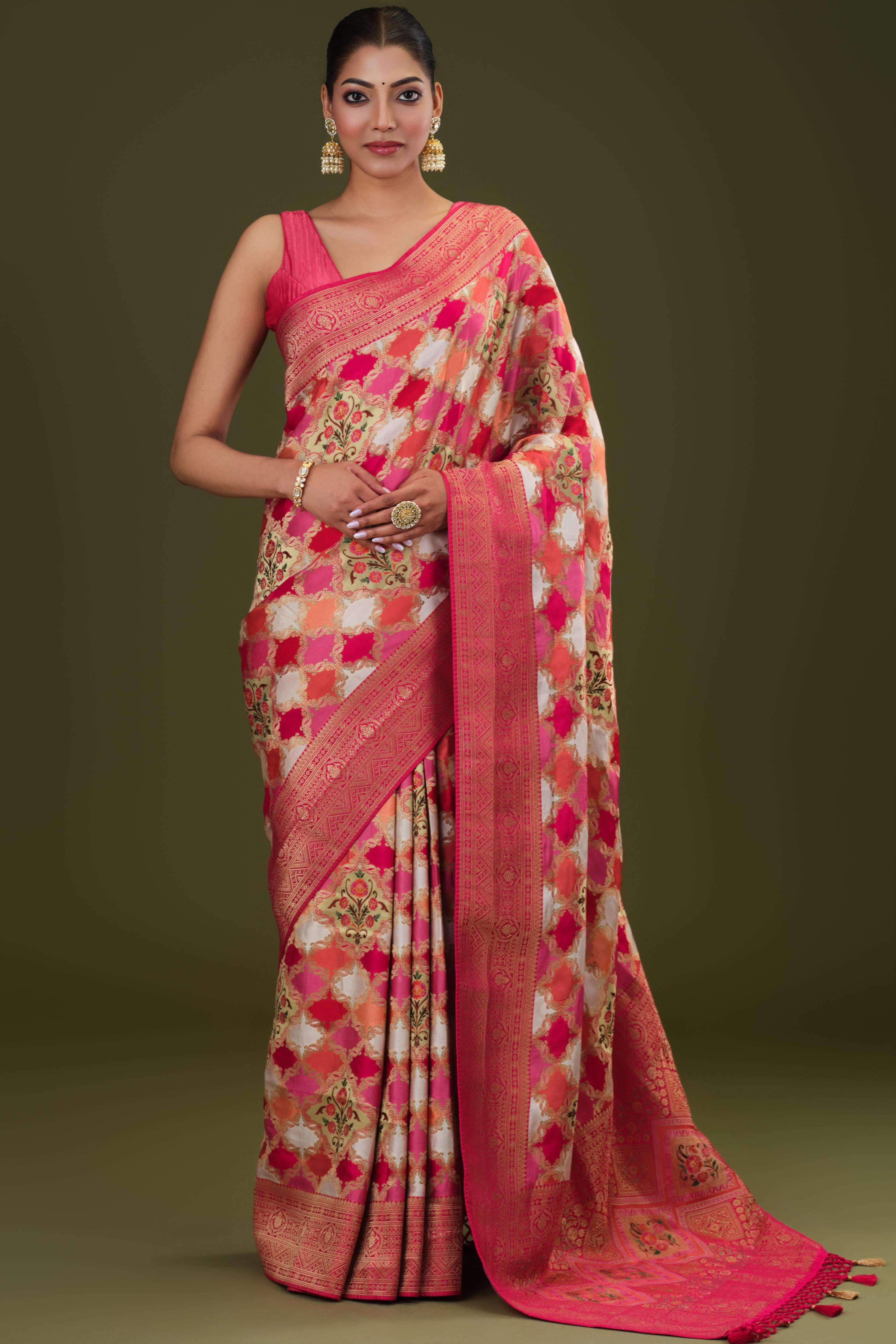 White Banarasi Pure Satin Silk Saree