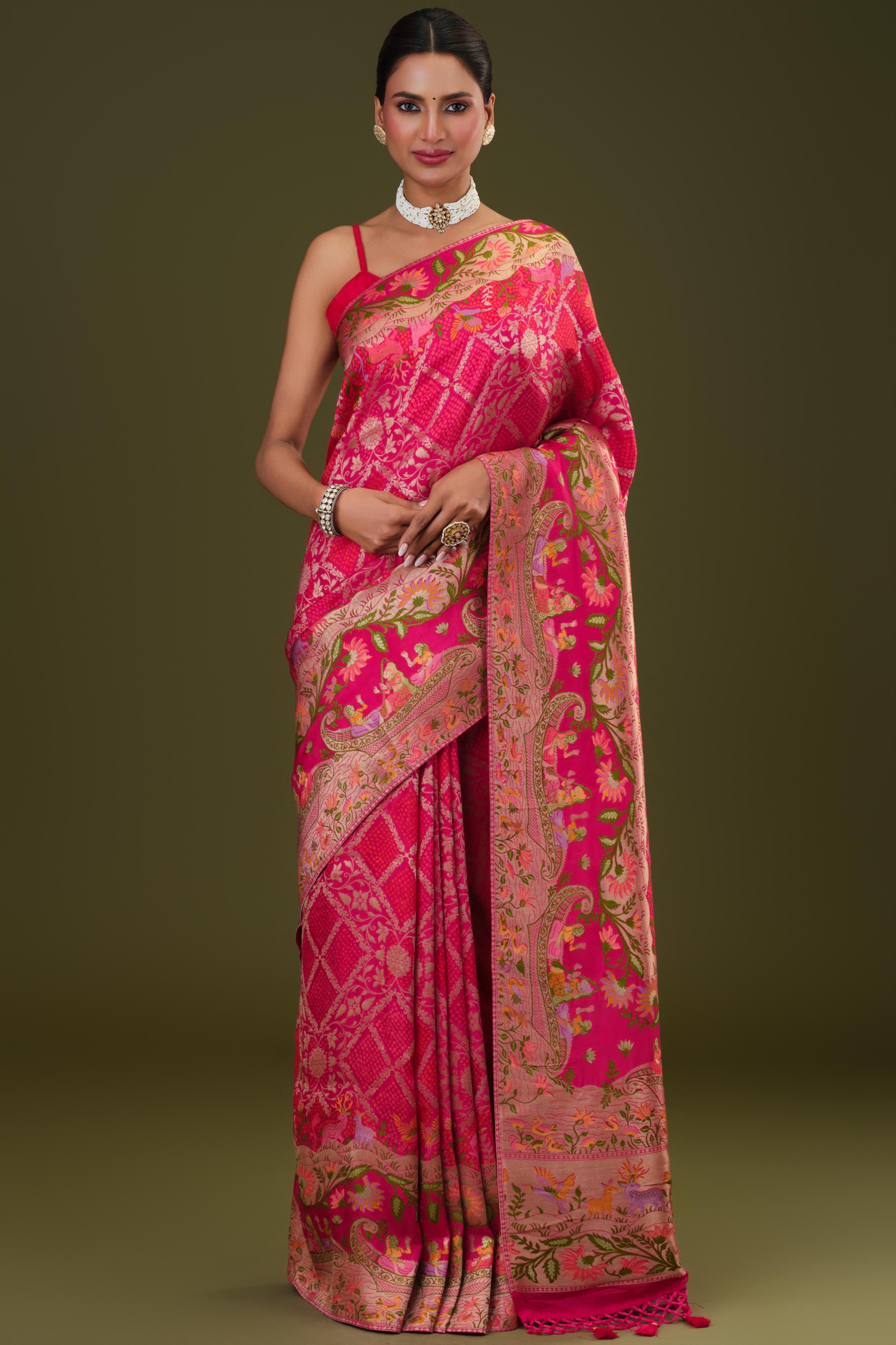 Cerise Pink Woven Pure Satin Silk Saree