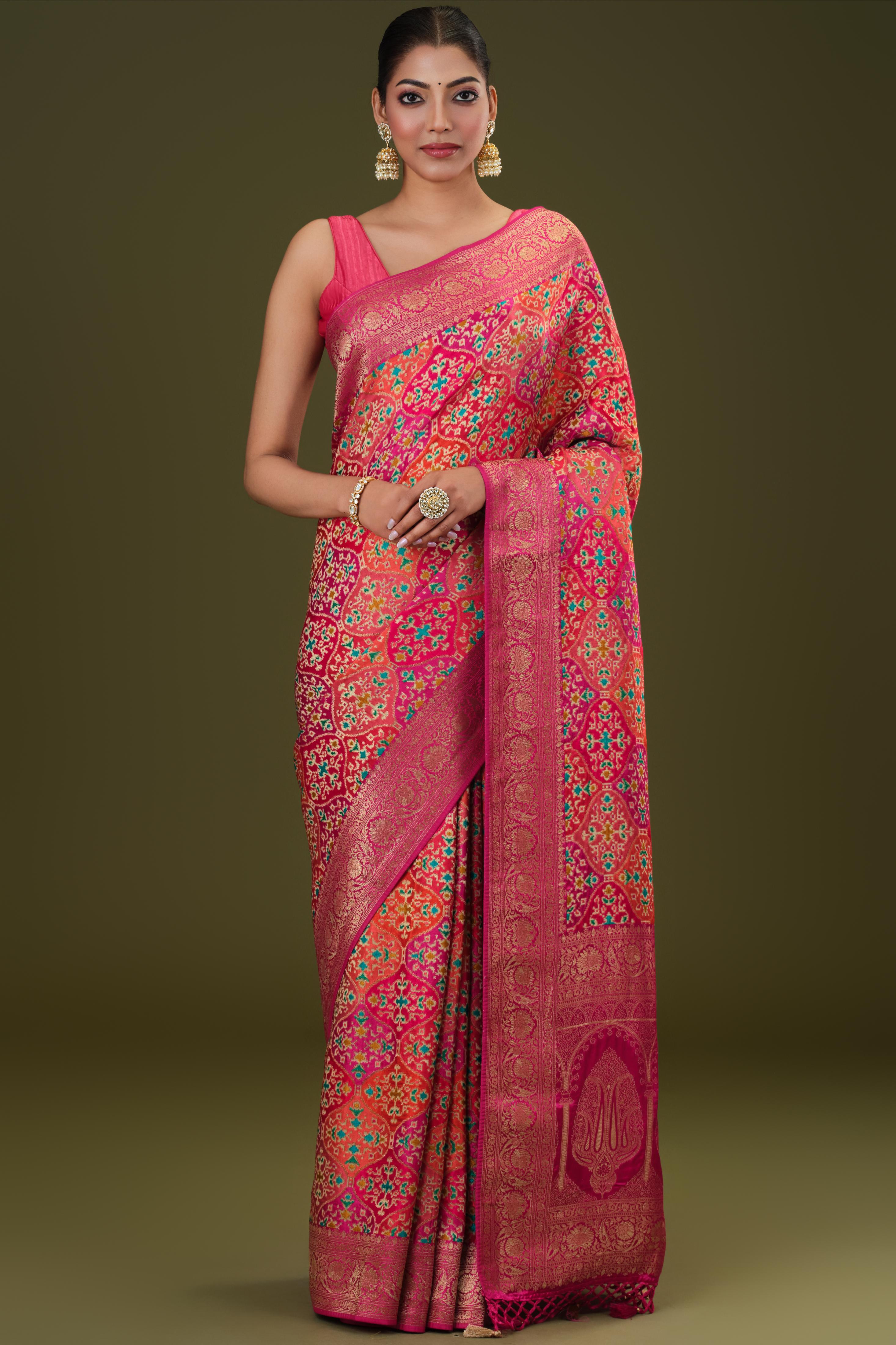 Bright Pink Woven Pure Satin Silk Saree